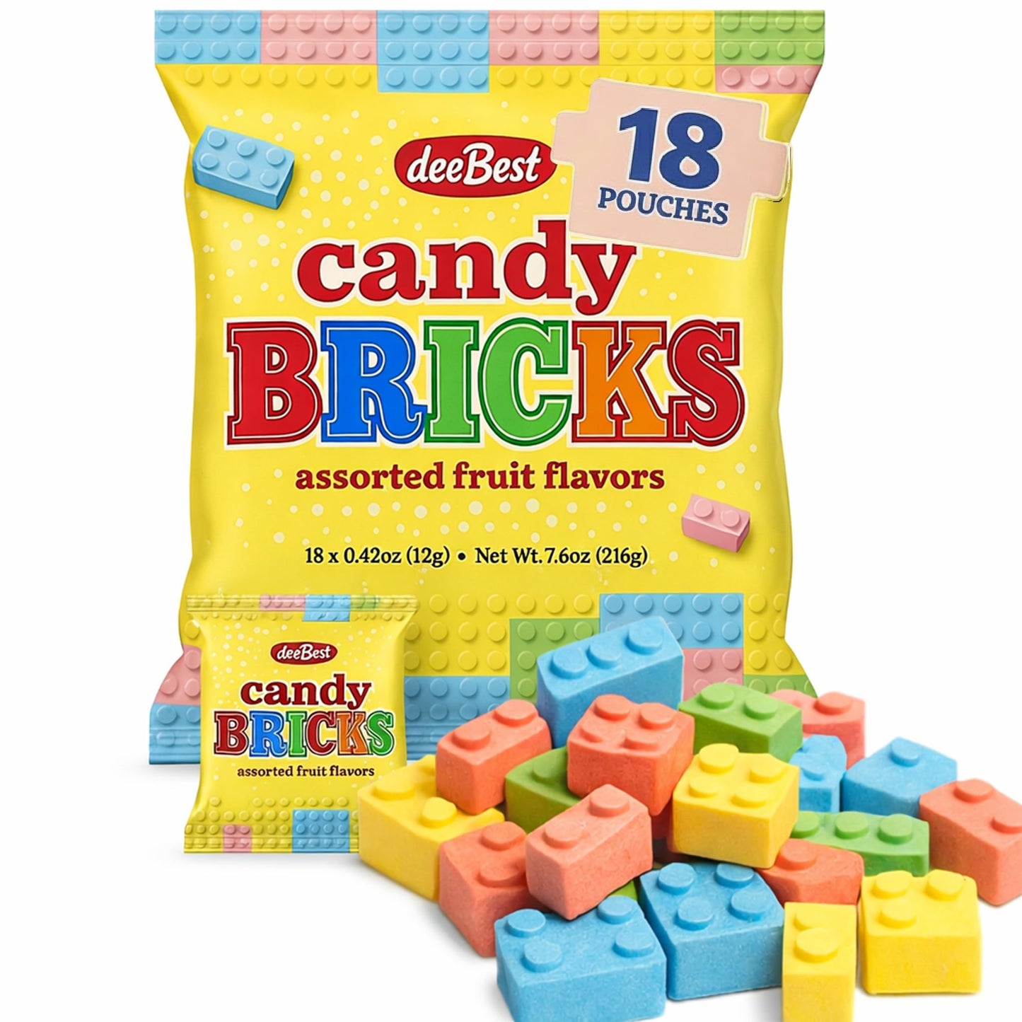 Dee Best Candy Bricks Building Brick Candy Assortment - 18 Party Favor Bags Assorted Fruit Flavors Fun for All Ages Make Your Event Sweet with These