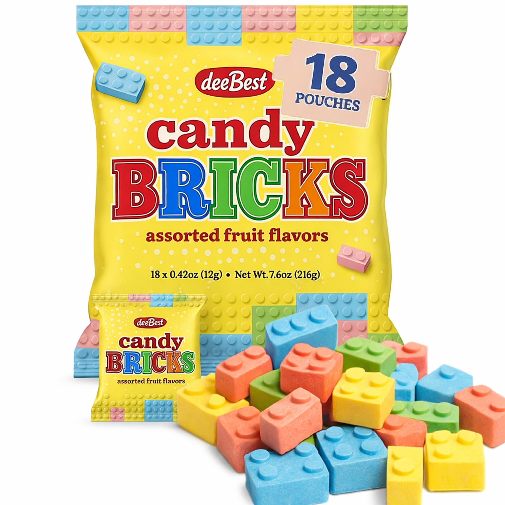 Dee Best Candy Bricks Building Brick Candy Assortment - 18 Party Favor Bags Assorted Fruit Flavors Fun for All Ages Make Your Event Sweet with These