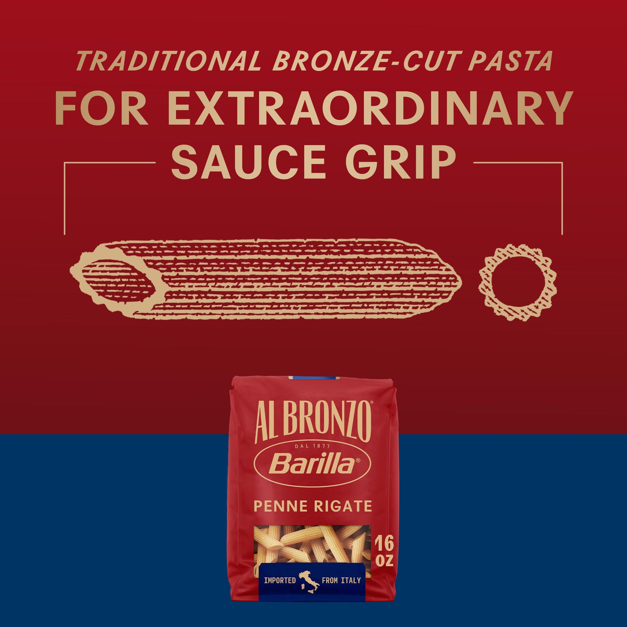 Barilla Al Bronzo Penne Rigate Pasta 16 oz., Bronze Cut, Created from High Quality Durum Wheat, Imported From Italy, Non-GMO, Kosher