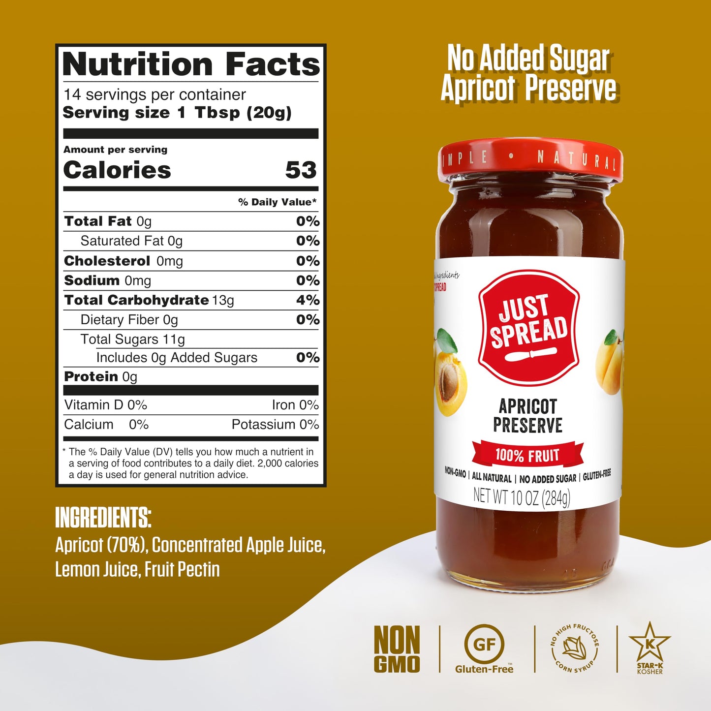 Just Spread 100% Fruit Preserve | Made with Real Fruit Pieces & Only 4 Ingredients | Gluten Free, Vegan, Non GMO, No Added Sugar | 10oz Jar (Apricot)