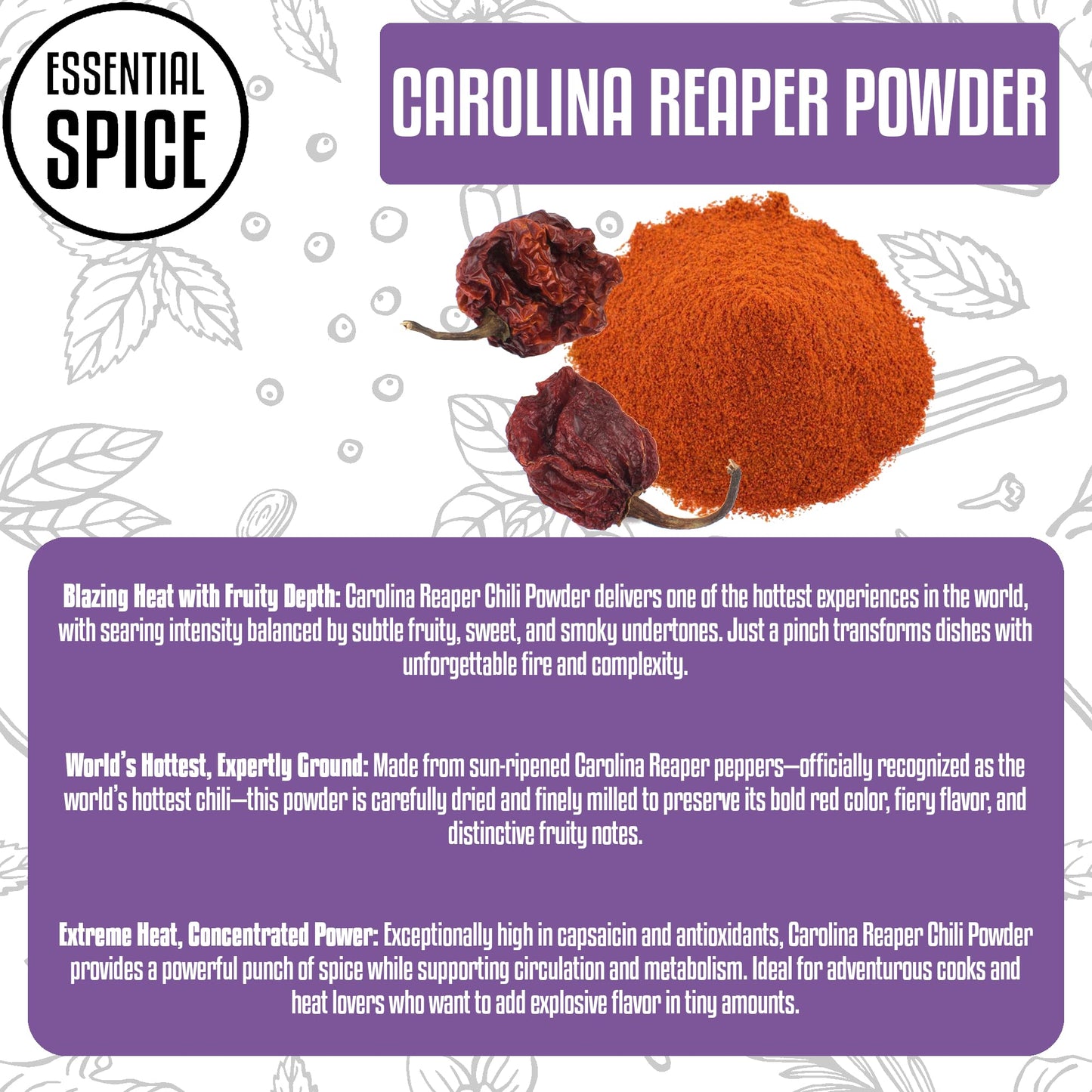Essential Spice Carolina Reaper Chili Powder, 8 oz - Extremely Hot Ground Pepper with Fruity, Smoky Flavor - Made from 100% Pure Reaper Chilies