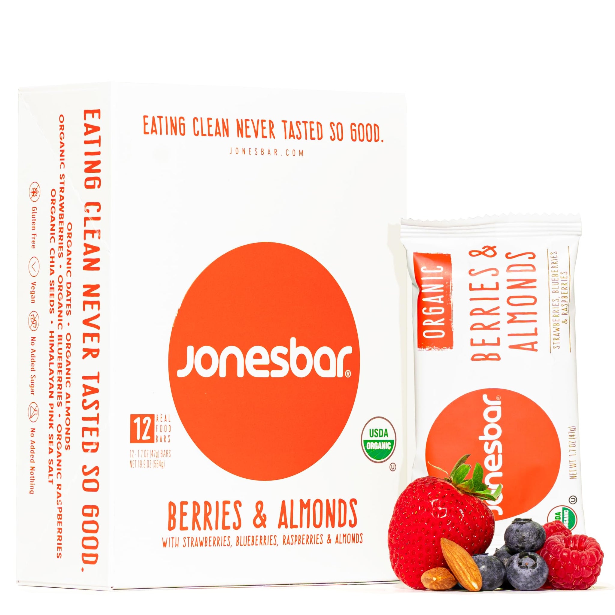 JONESBAR Organic Plant Based Protein Bars | Berries and Almonds | Fruit & Nut Bar, Kosher, Gluten Free, Breakfast Bars, School Snacks, Vegan Snack