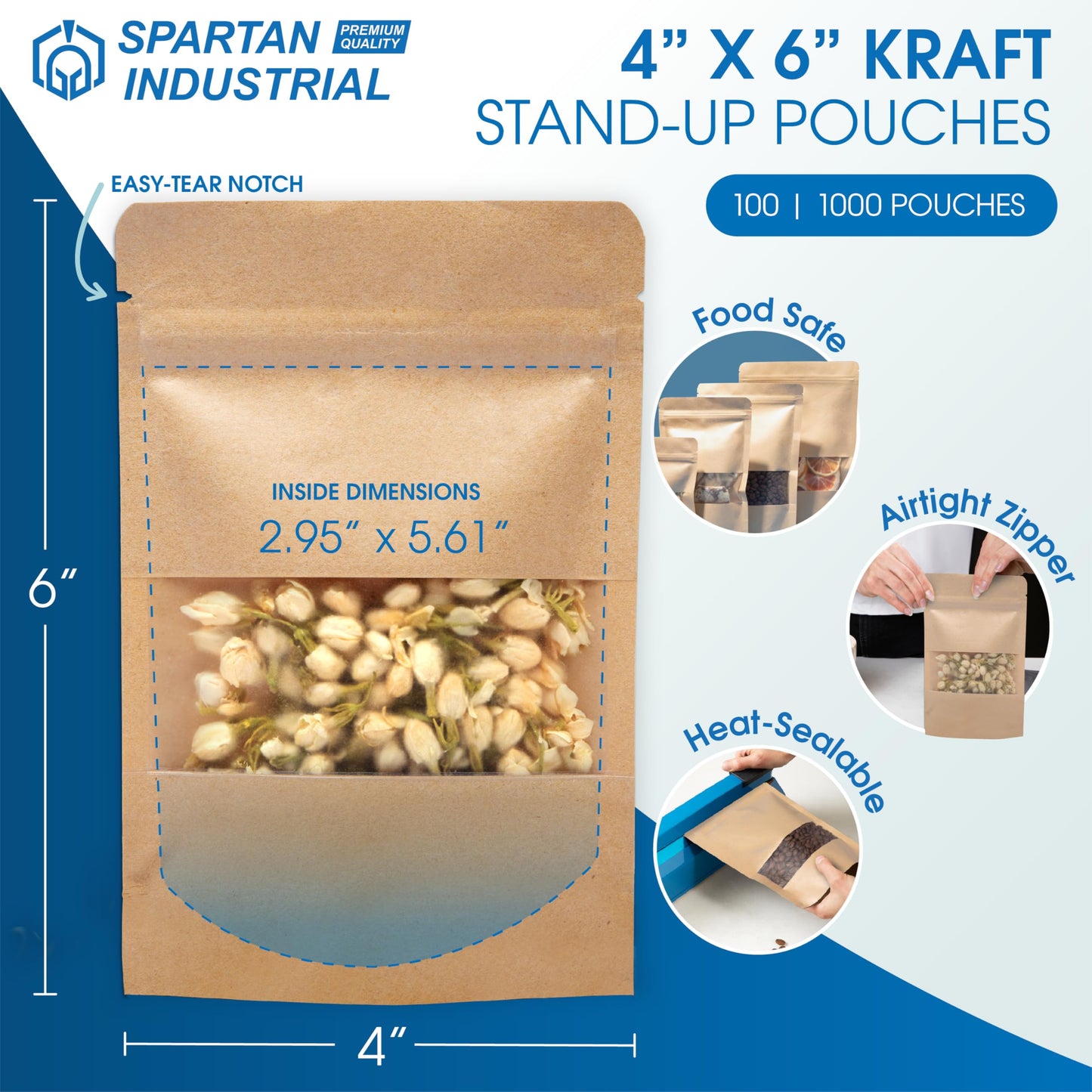Spartan Industrial - 4" X 6" Kraft Paper Resealable Stand-Up Pouches - Pack of 1000 Small Smell-Proof Storage Pouches for Food Packaging, Pet Treats