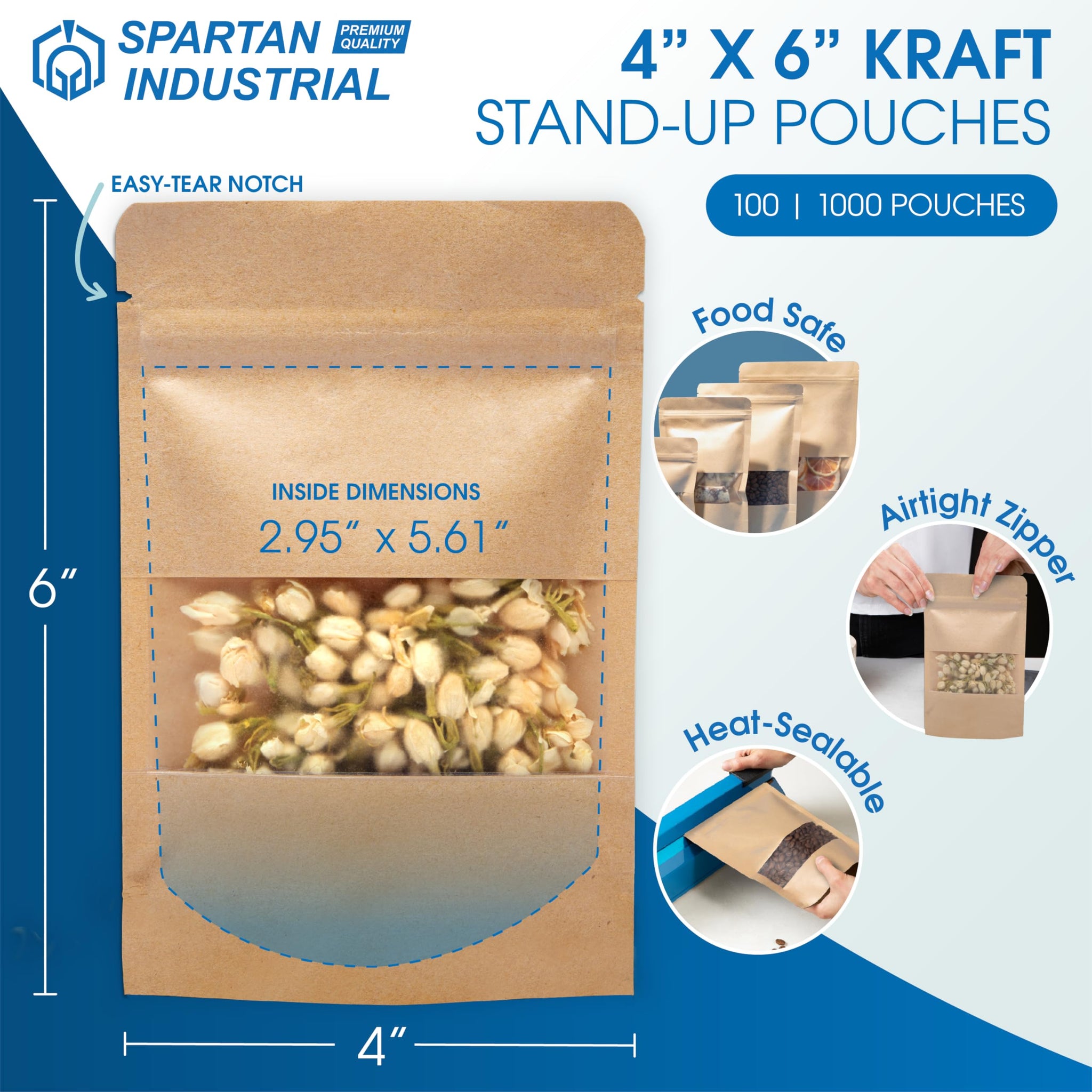 Spartan Industrial - 4" X 6" Kraft Paper Resealable Stand-Up Pouches - Pack of 1000 Small Smell-Proof Storage Pouches for Food Packaging, Pet Treats