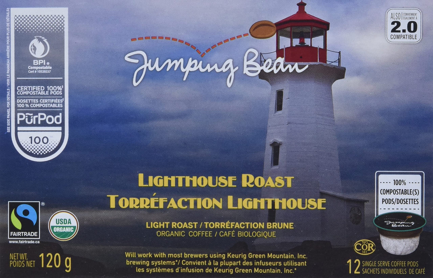 Jumping Bean Organic Lighthouse Roast Coffee Pod, 12 CT