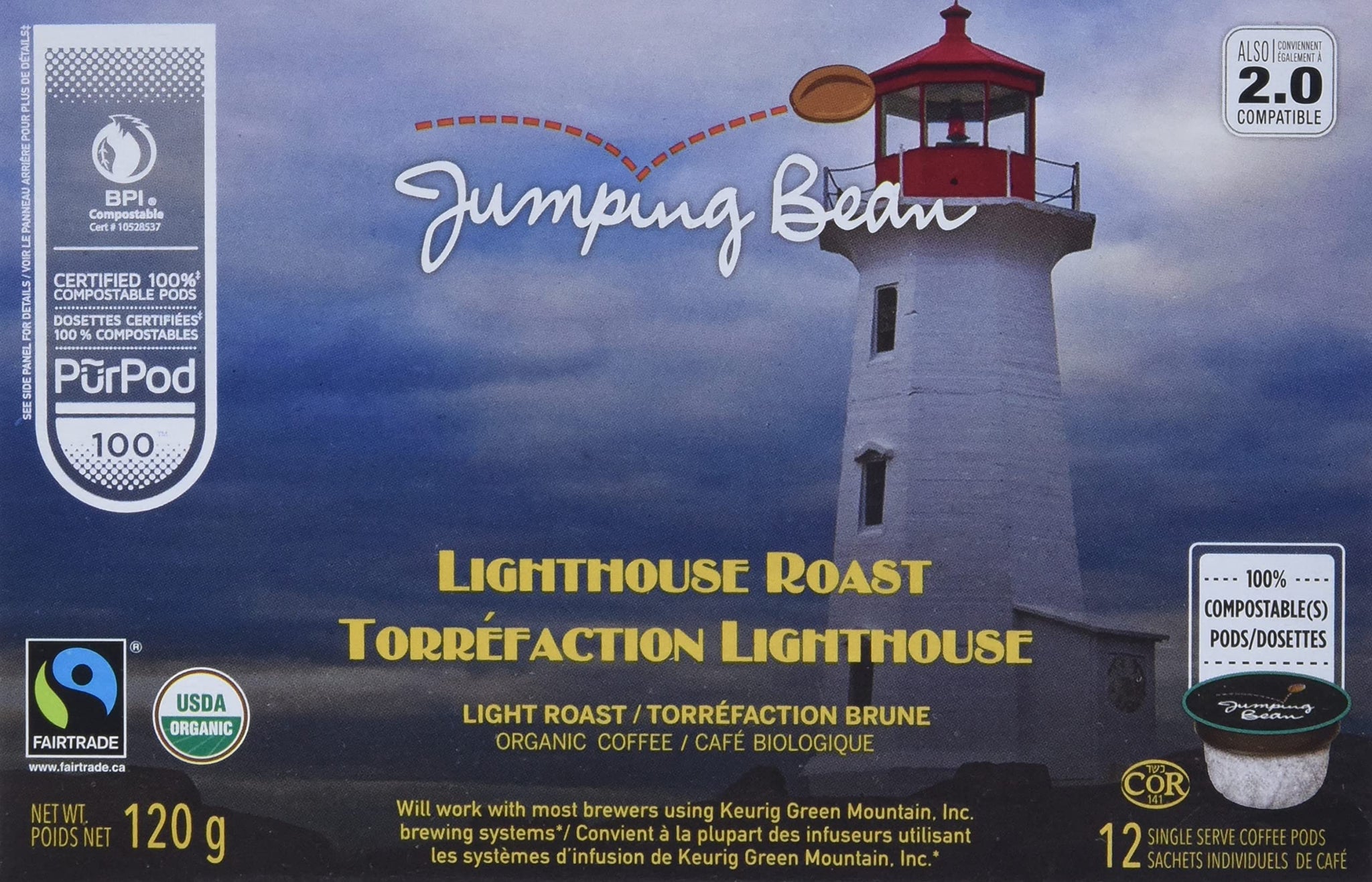 Jumping Bean Organic Lighthouse Roast Coffee Pod, 12 CT