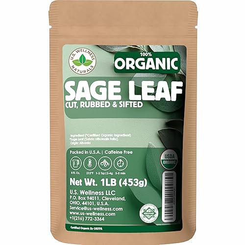 U.S. Wellness Naturals Organic Sage Leaf, 1 Pound, Cut and Sifted Loose Leaf Tea and Seasoning, Salvia officinalis, Albanian Origin