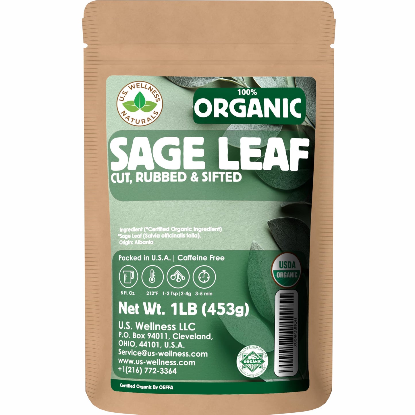 U.S. Wellness Naturals Organic Sage Leaf, 1 Pound, Cut and Sifted Loose Leaf Tea and Seasoning, Salvia officinalis, Albanian Origin