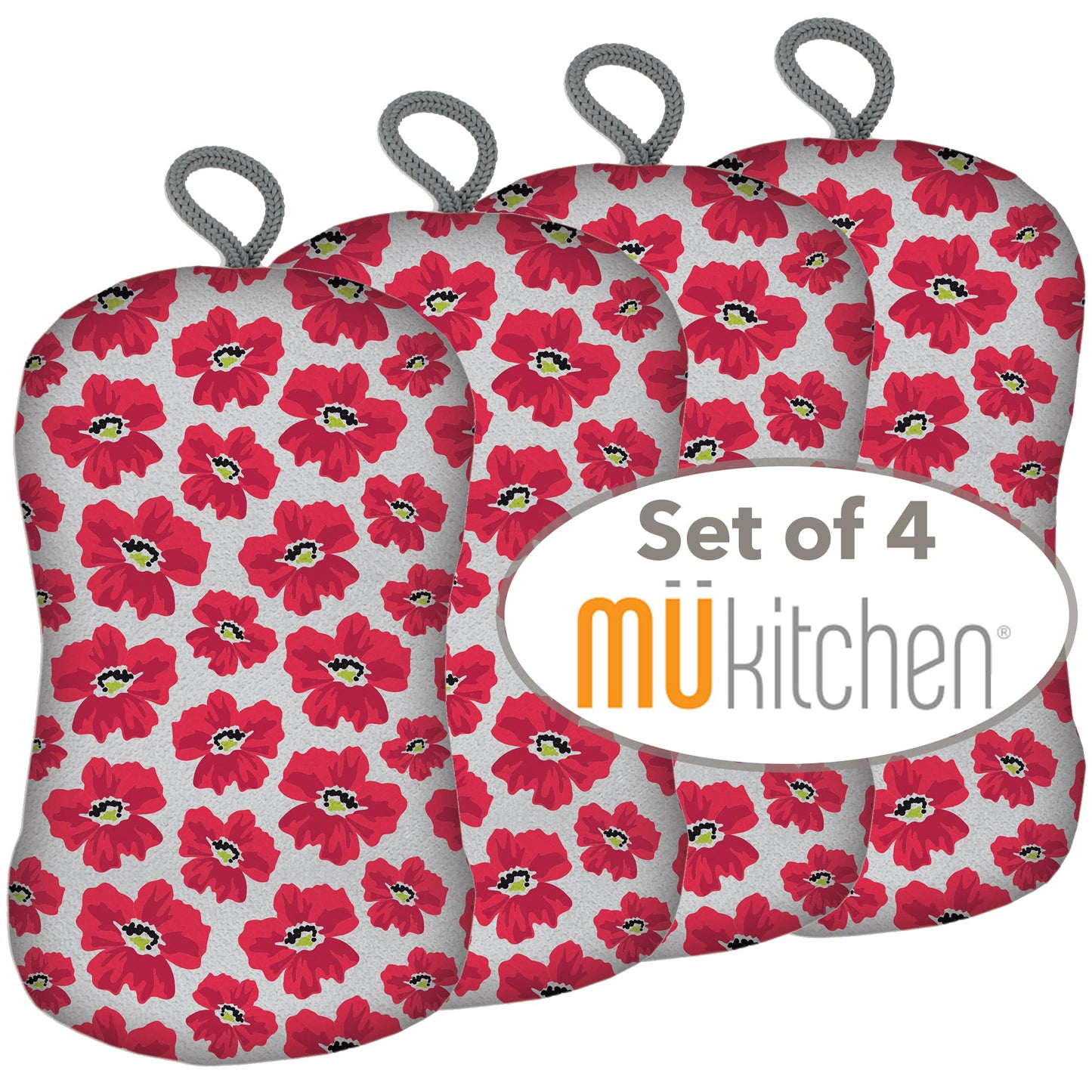 MÜkitchen Premuim Sponge for Dishes and Household Cleaning | Microfiber Print and Non-Scratch Scrub Pad | Set of 4 | (Petals)