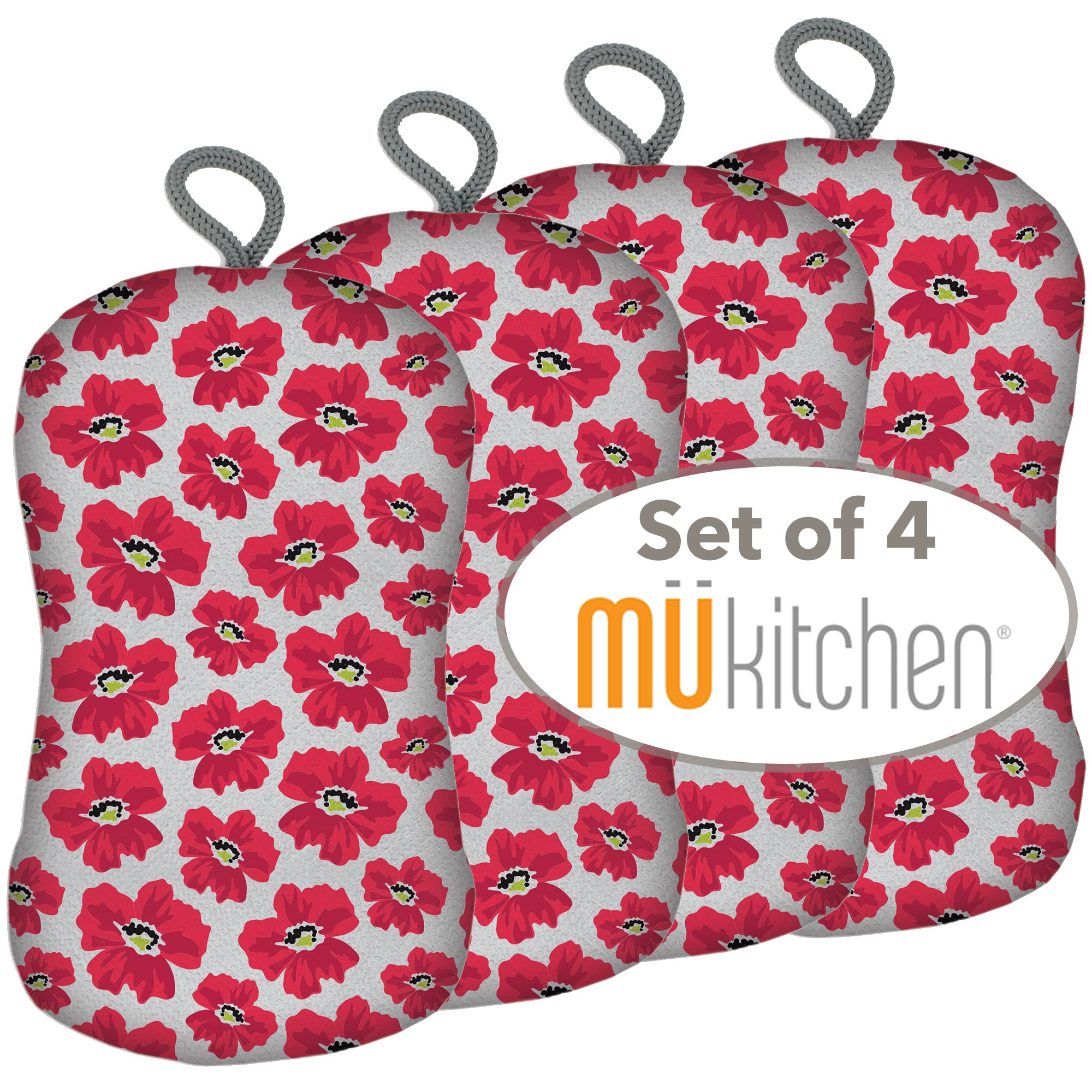 MÜkitchen Premuim Sponge for Dishes and Household Cleaning | Microfiber Print and Non-Scratch Scrub Pad | Set of 4 | (Petals)
