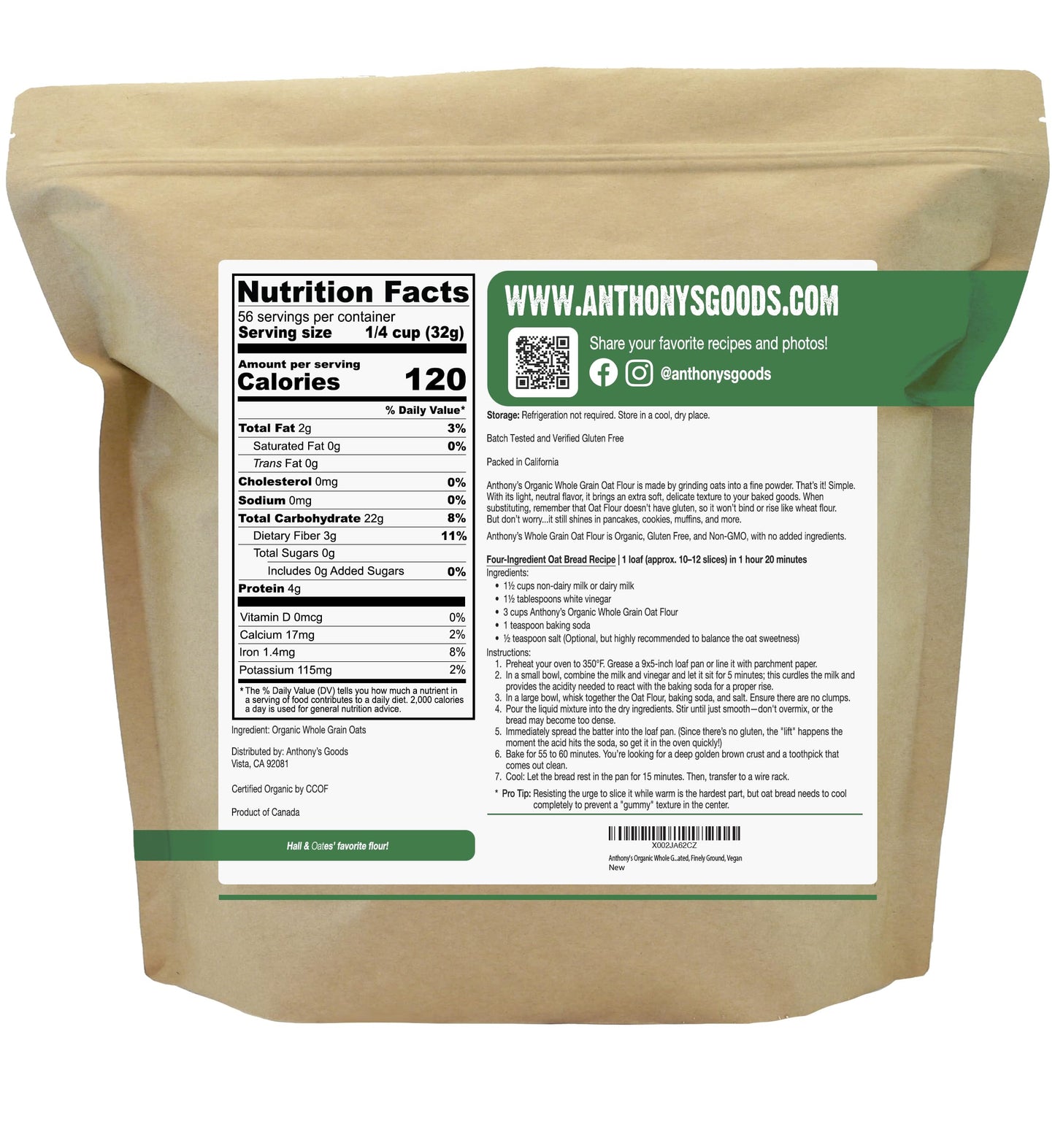 Anthony's Organic Whole Grain Oat Flour, 4 lb, Gluten Free, Non GMO, Non Irradiated, Finely Ground, Vegan