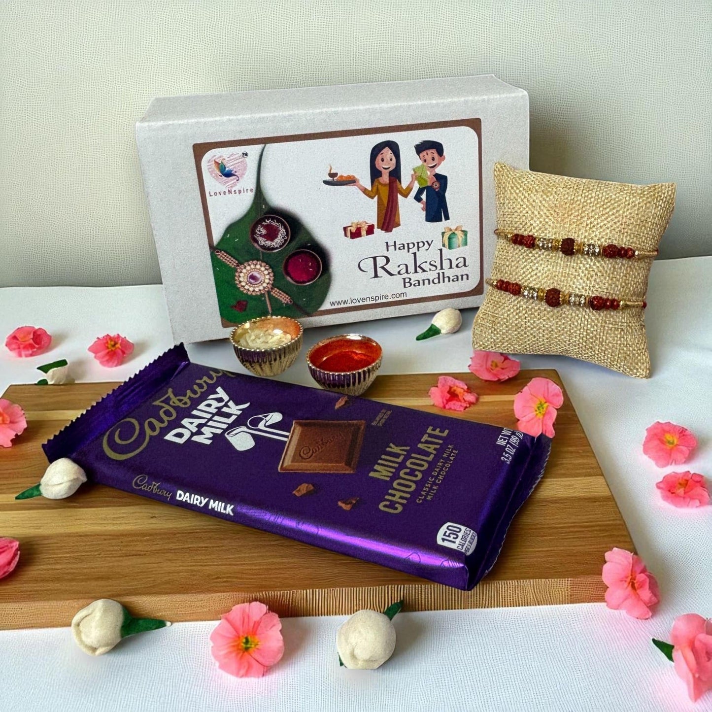 LoveNspire Rakhi Gift Hamper Rakhi for Brother with Gift Set - Set of 2 Rudraksha Rakhi with Haldi Kumkum Holder Roli Chawal - Raksha Bandhan Bracelet