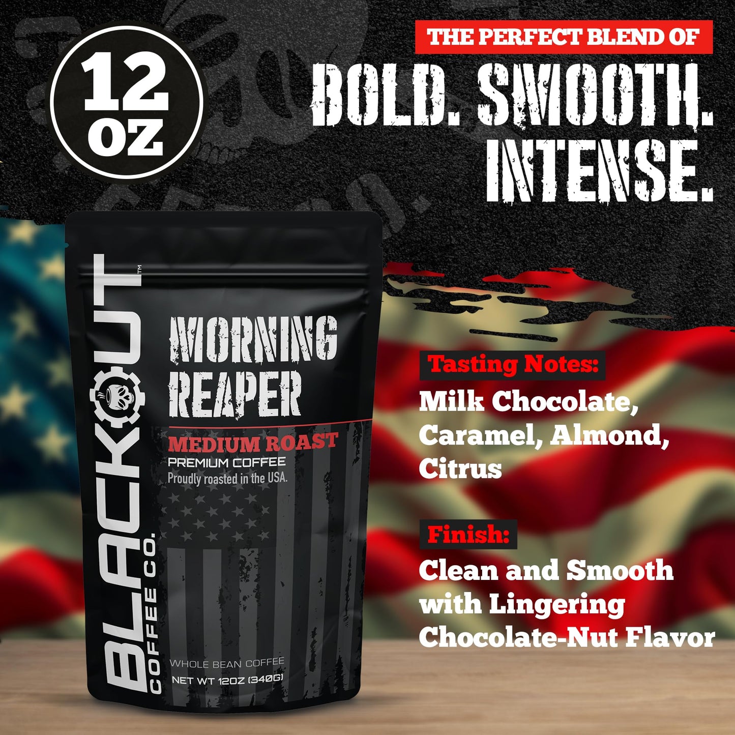 Blackout Coffee Morning Reaper Whole Bean Coffee - Medium Roast, Bold & Smooth Flavor, Non-Bitter - Freshly Roasted 12oz Bag.