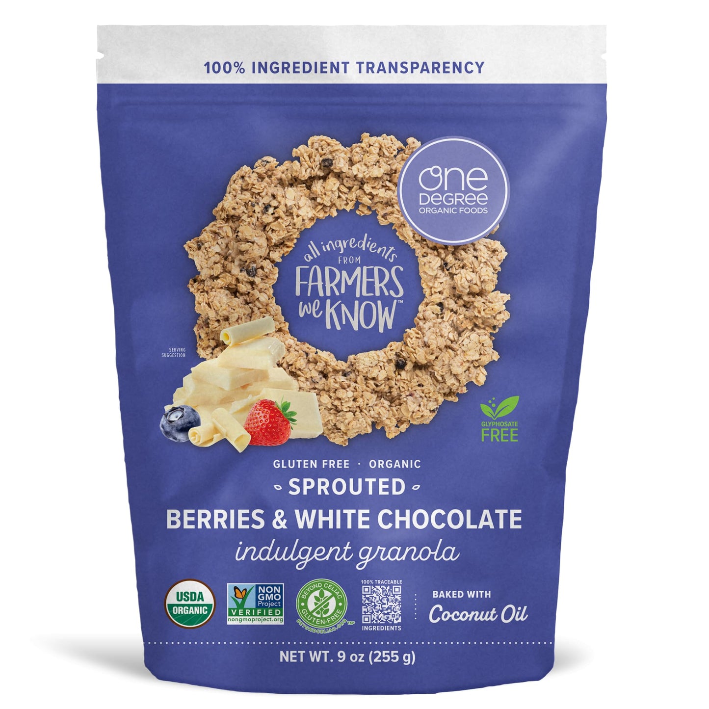One Degree Organics Gluten Free Sprouted Berries & White Chocolate Indulgent Granola, 9 ounce (Pack of 1)
