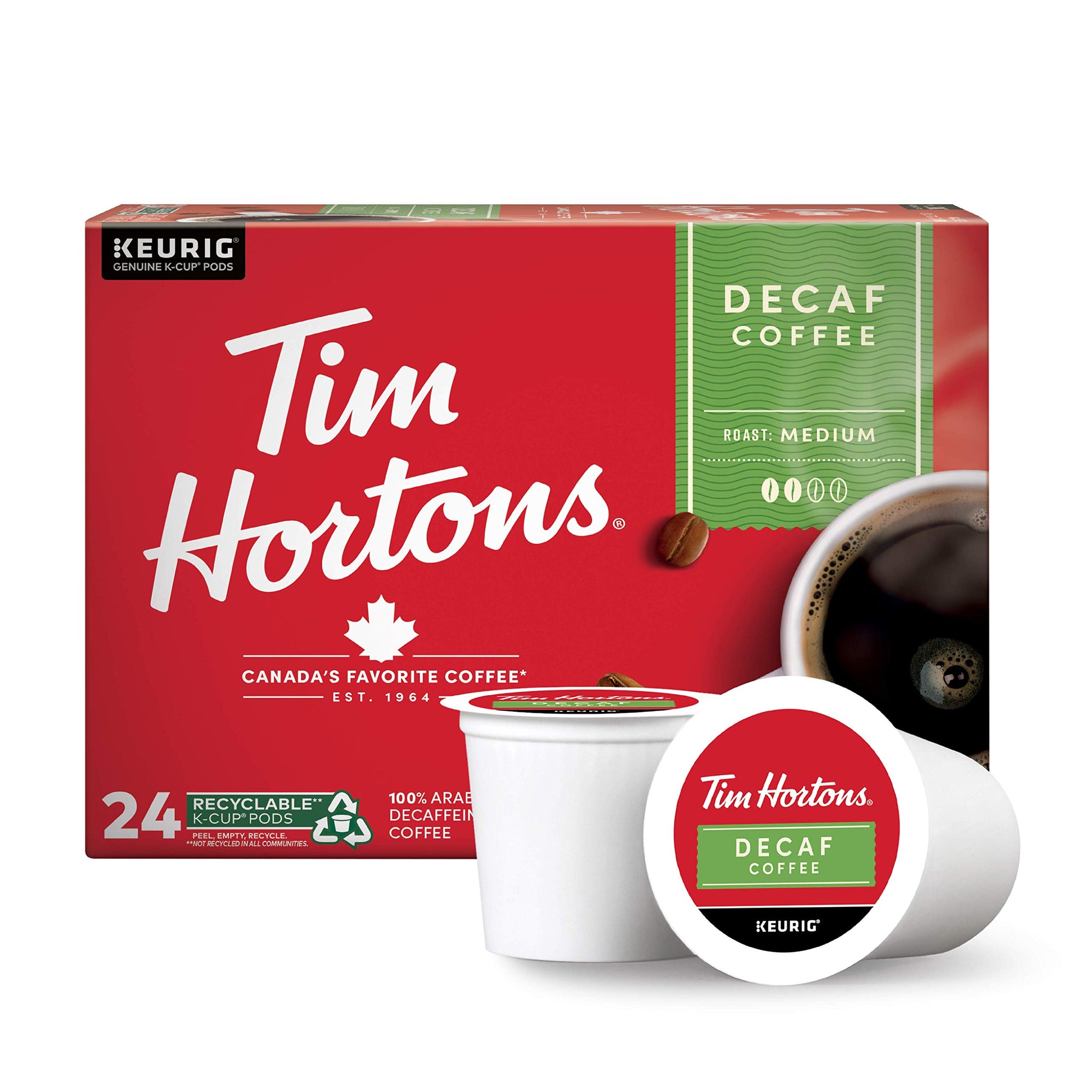 Tim Hortons Decaf, Medium Roast Coffee, Single-Serve K-Cup Pods Compatible with Keurig Brewers, 24ct K-Cups