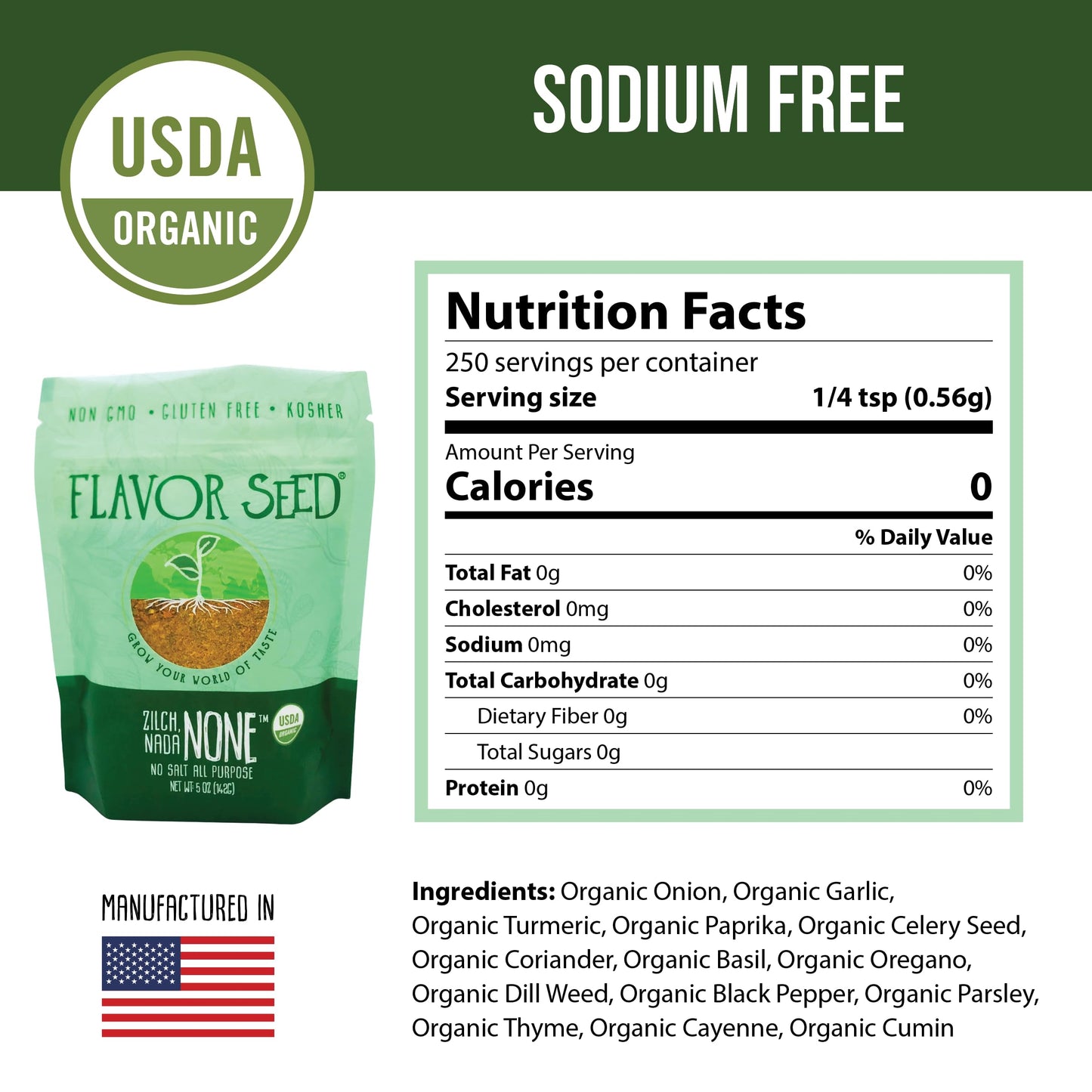 Organic No Salt Seasoning - Zilch Nada None by Flavor Seed, Salt Substitute for Cooking with Herbs & Spices, All Purpose Seasoning for Meat, Fish