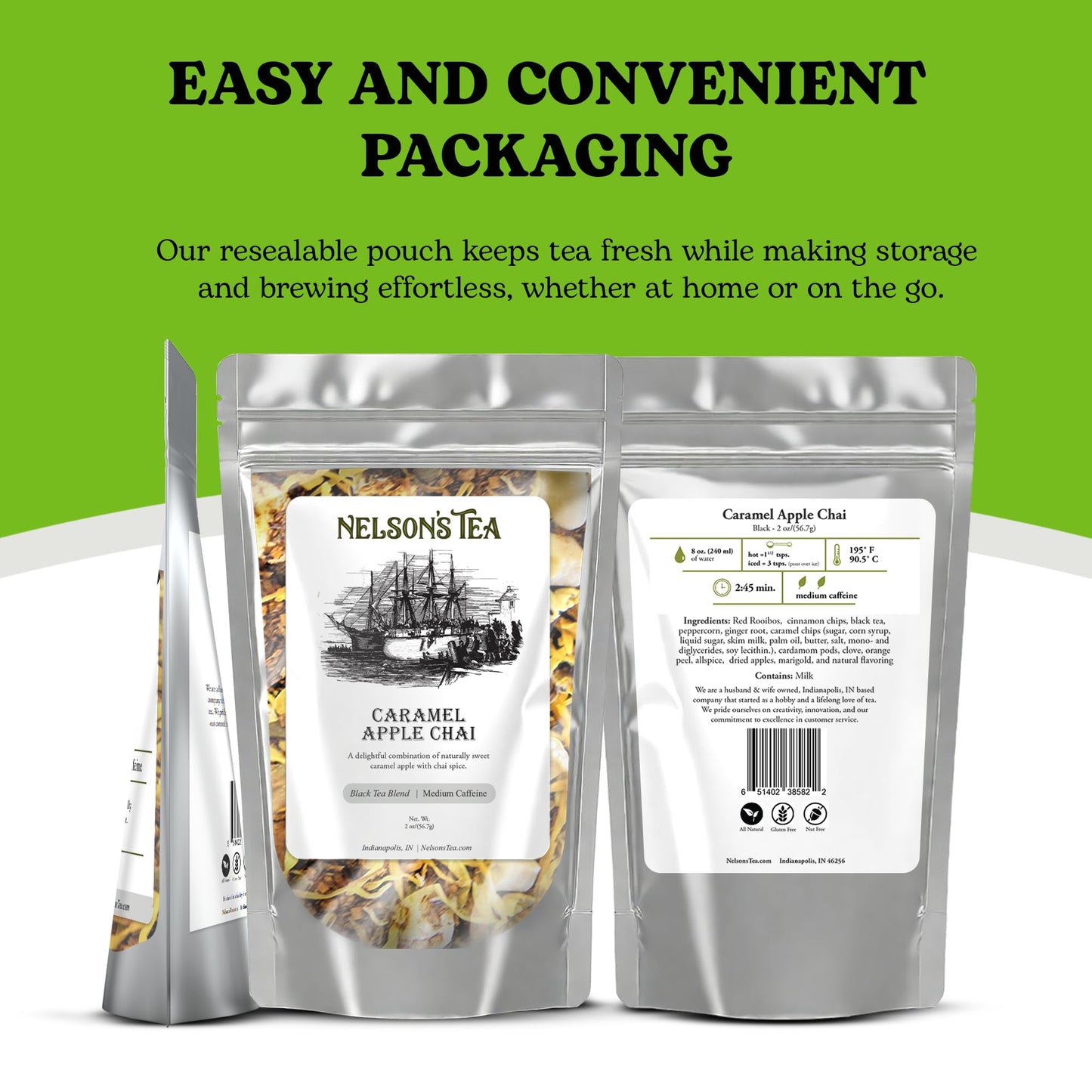 Nelson's Tea Caramel Apple Chai Tea Loose Leaf - Cut & Sifted Red Rooibos Loose Leaf Tea, Black Tea with Cinnamon Chips, Peppercorn, Ginger Root