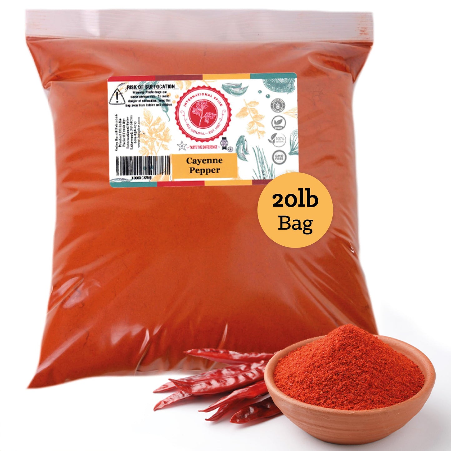 Cayenne Pepper by International Spice, Red Cayenne Pepper Seasoning Powder, Essential Gourmet Kitchen Spice, Bulk, 20 lb. Bag