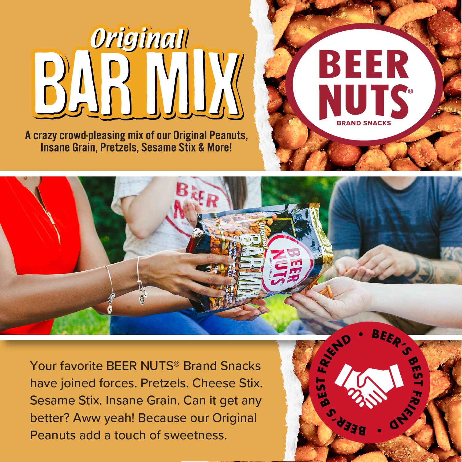 Beer Nuts Original Bar Mix, Travel Size, Crunchy Party Pretzels, Cheese Sticks, Sesame Sticks, Roasted Corn Nuts, & Original Roasted Sweet Glazed