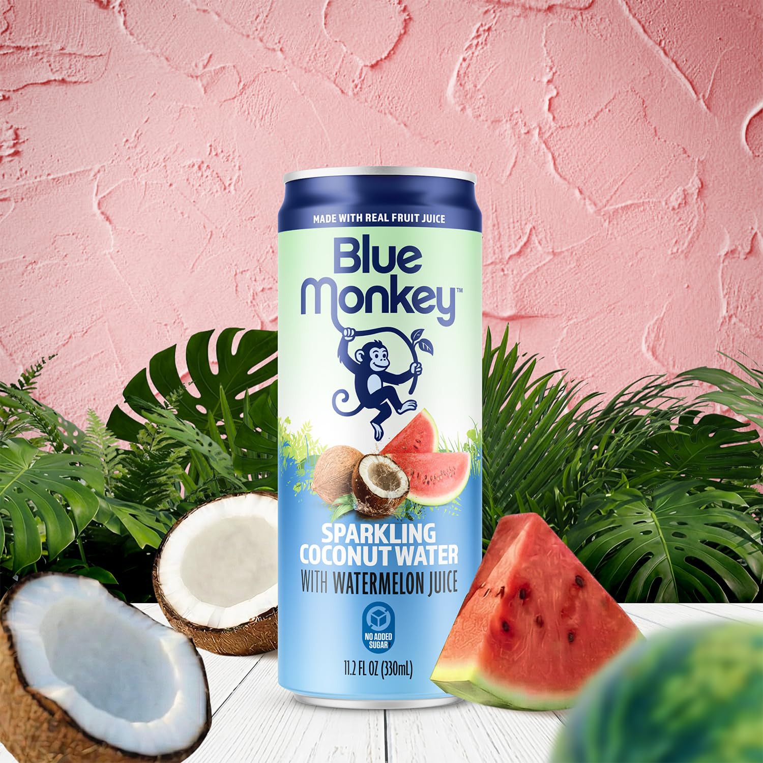 Blue Monkey Sparkling Coconut Water with Watermelon - 99.7% Coconut Water & Juice Blend - No Sugar Added, All Natural, Shelf Stable - Lightly
