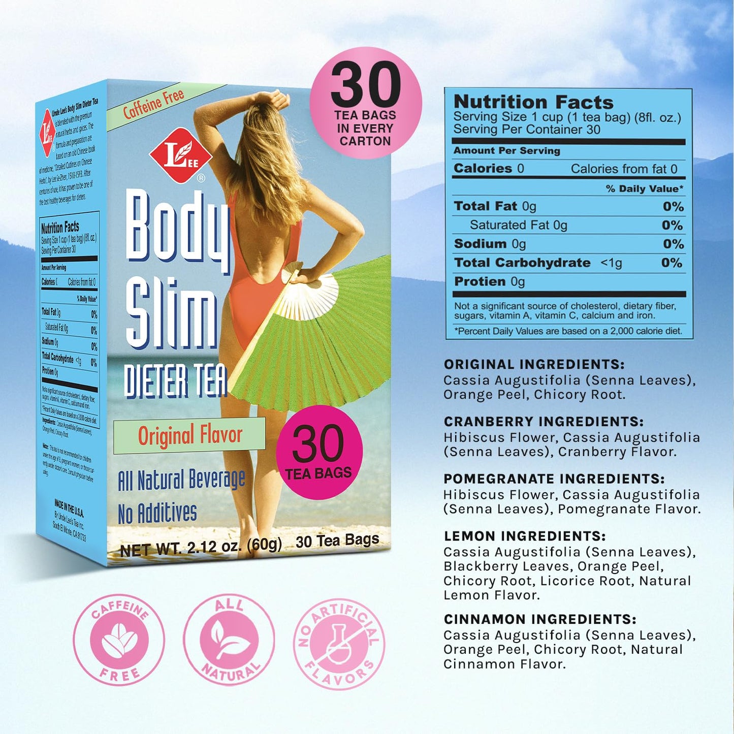 Uncle Lee's Tea Body Slim Tea Dieters Tea, Caffeine Free Chinese Herbal Tea with Senna Leaves and Natural Lemon Zest Flavor Tea Bags, 30 Tea Bags Per