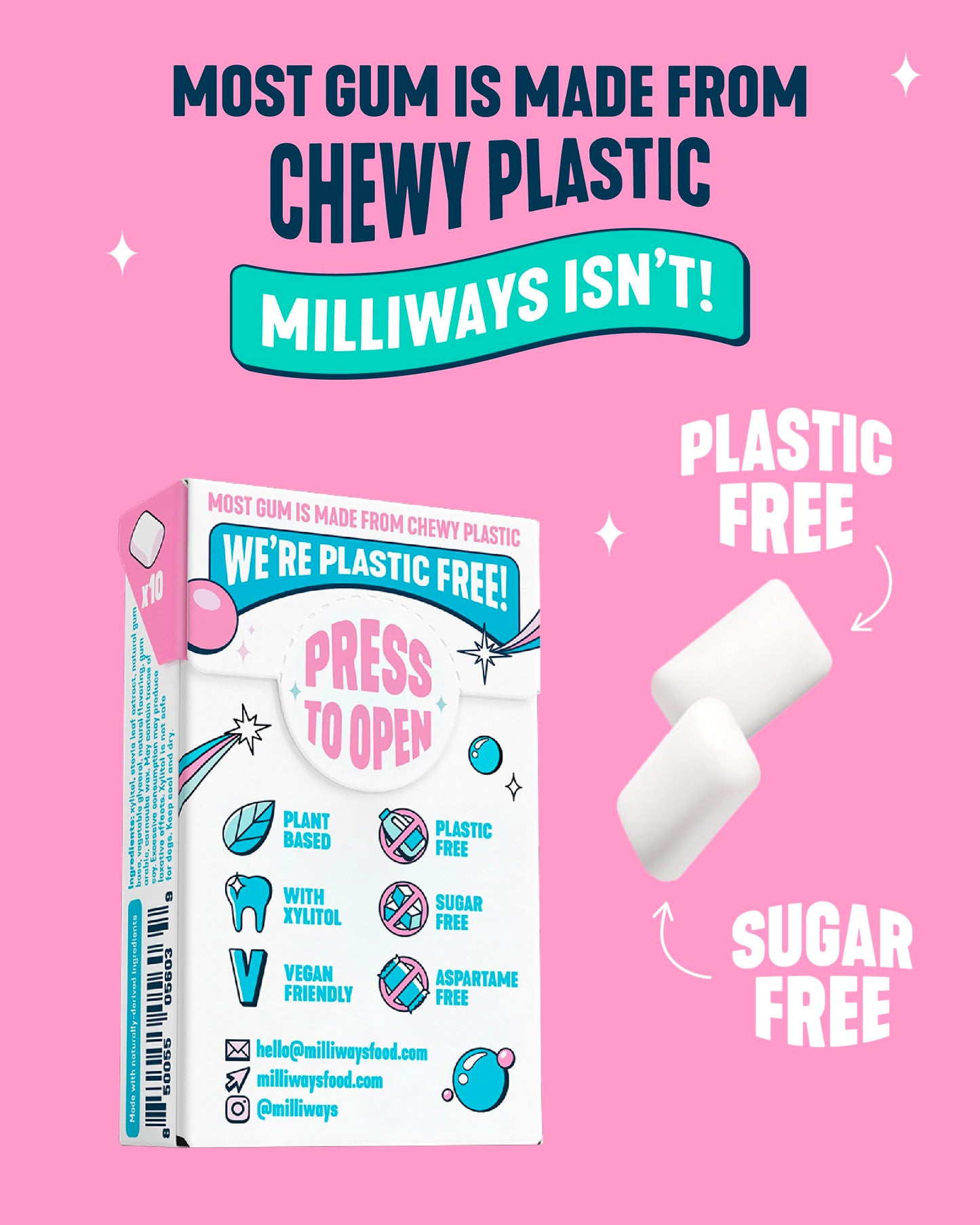 Milliways Bubblemint | Plastic Free Gum | Xylitol, Aspartame-Free, Sugar-Free, Plant-Based, Natural Chewing Gum | 120 Pieces Total (12 Packs of 10