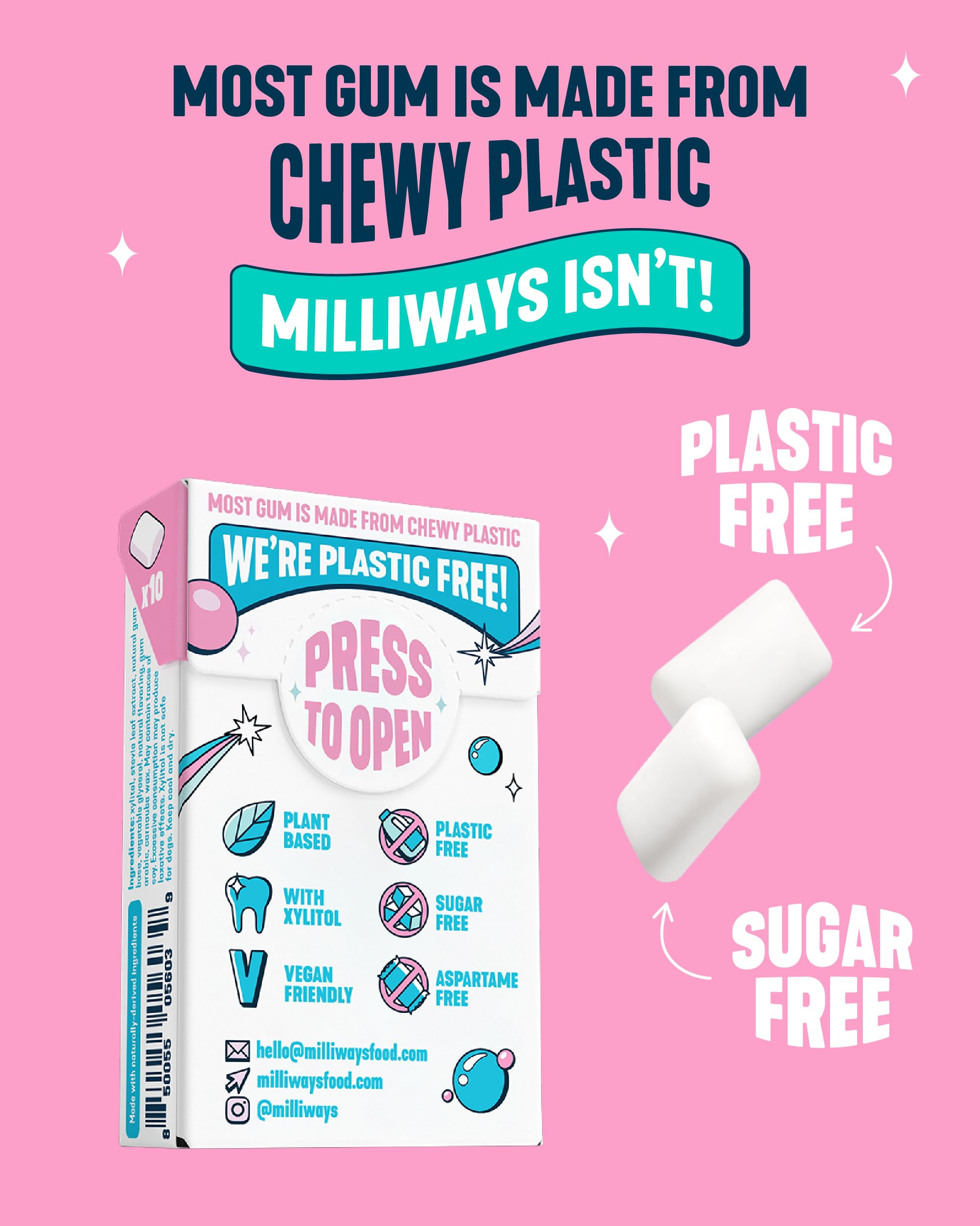 Milliways Bubblemint | Plastic Free Gum | Xylitol, Aspartame-Free, Sugar-Free, Plant-Based, Natural Chewing Gum | 120 Pieces Total (12 Packs of 10