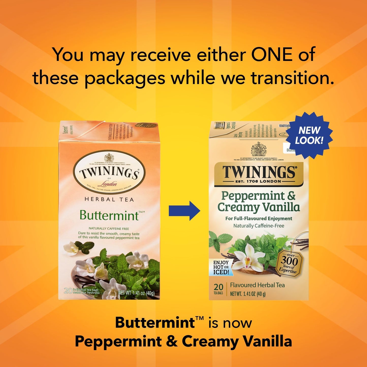 Twinings Peppermint & Creamy Vanilla Tea - A Crisp, Balanced Herbal Tea, Formerly Buttermint, Naturally Caffeine-Free Tea Bags, Individually Wrapped