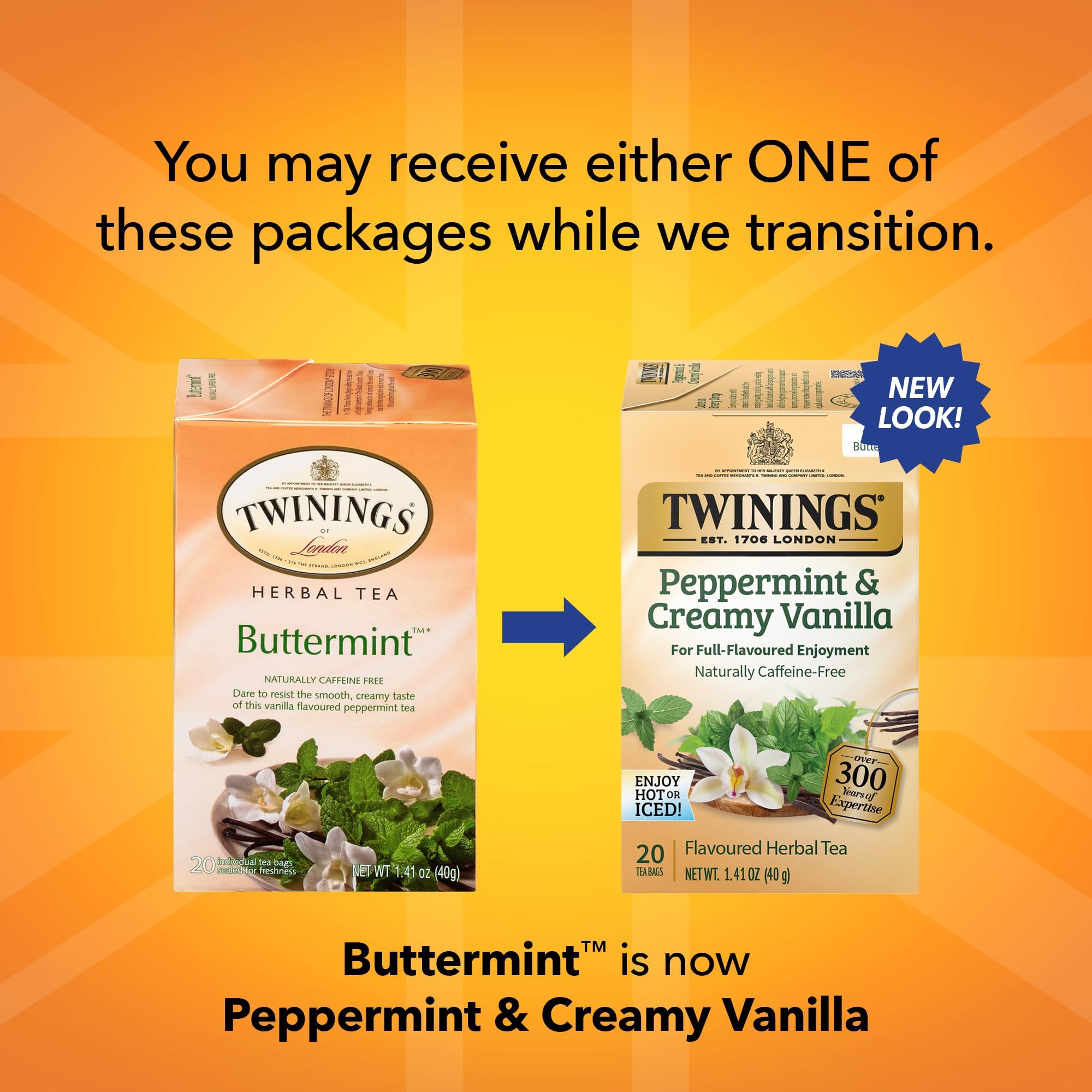 Twinings Peppermint & Creamy Vanilla Tea - A Crisp, Balanced Herbal Tea, Formerly Buttermint, Naturally Caffeine-Free Tea Bags, Individually Wrapped