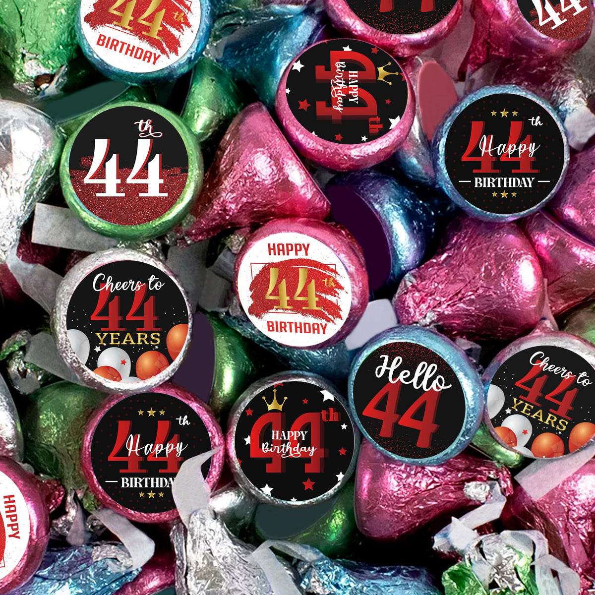 Happy 44th Birthday Party Favor Labels Chocolate Candy Stickers - 44 Years Old Birthday Round Candy Sticker Party Favors - Black and Red - 150
