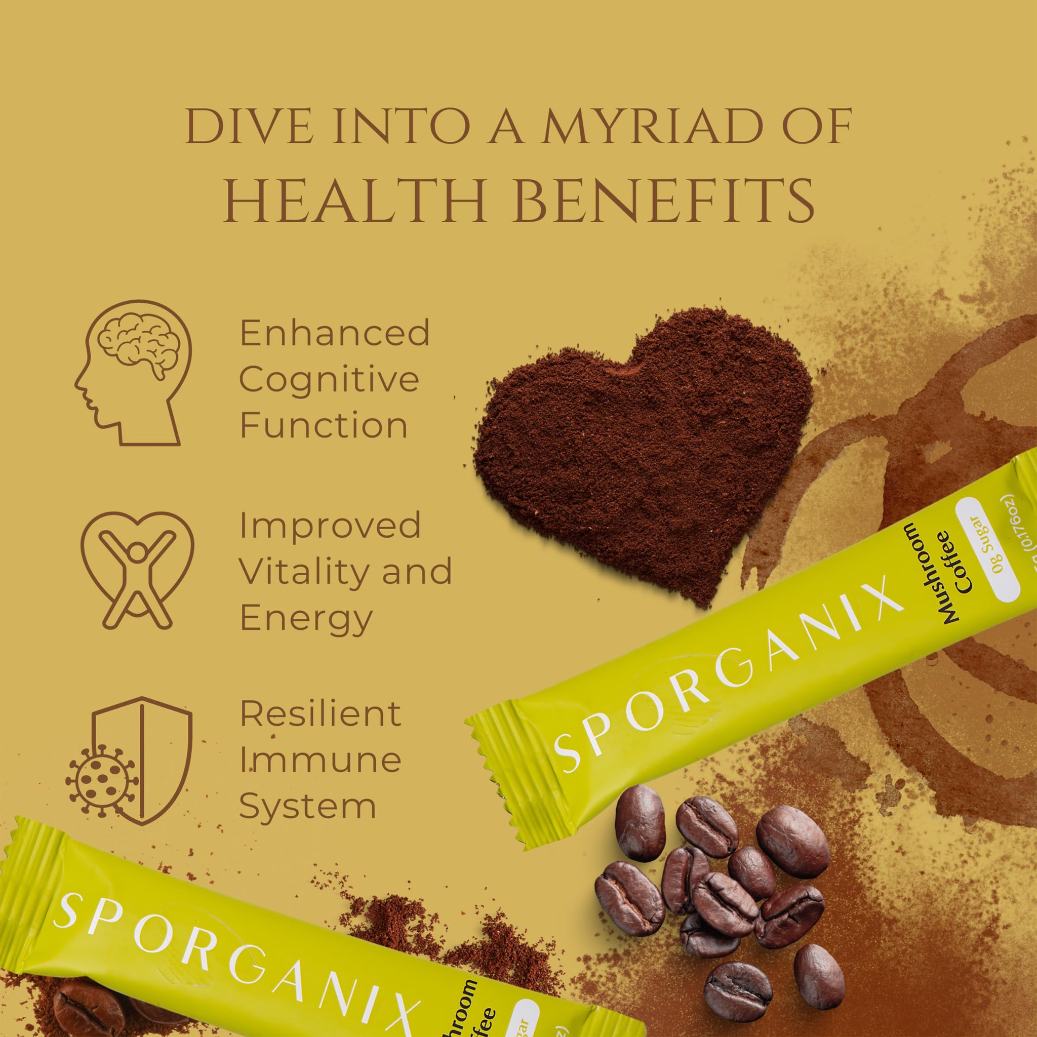 Sporganix Organic Mushroom Coffee - Instant Arabica with 5 Functional Mushrooms (Lion’s Mane, Reishi, Chaga, Cordyceps, Shiitake) - Unsweetened