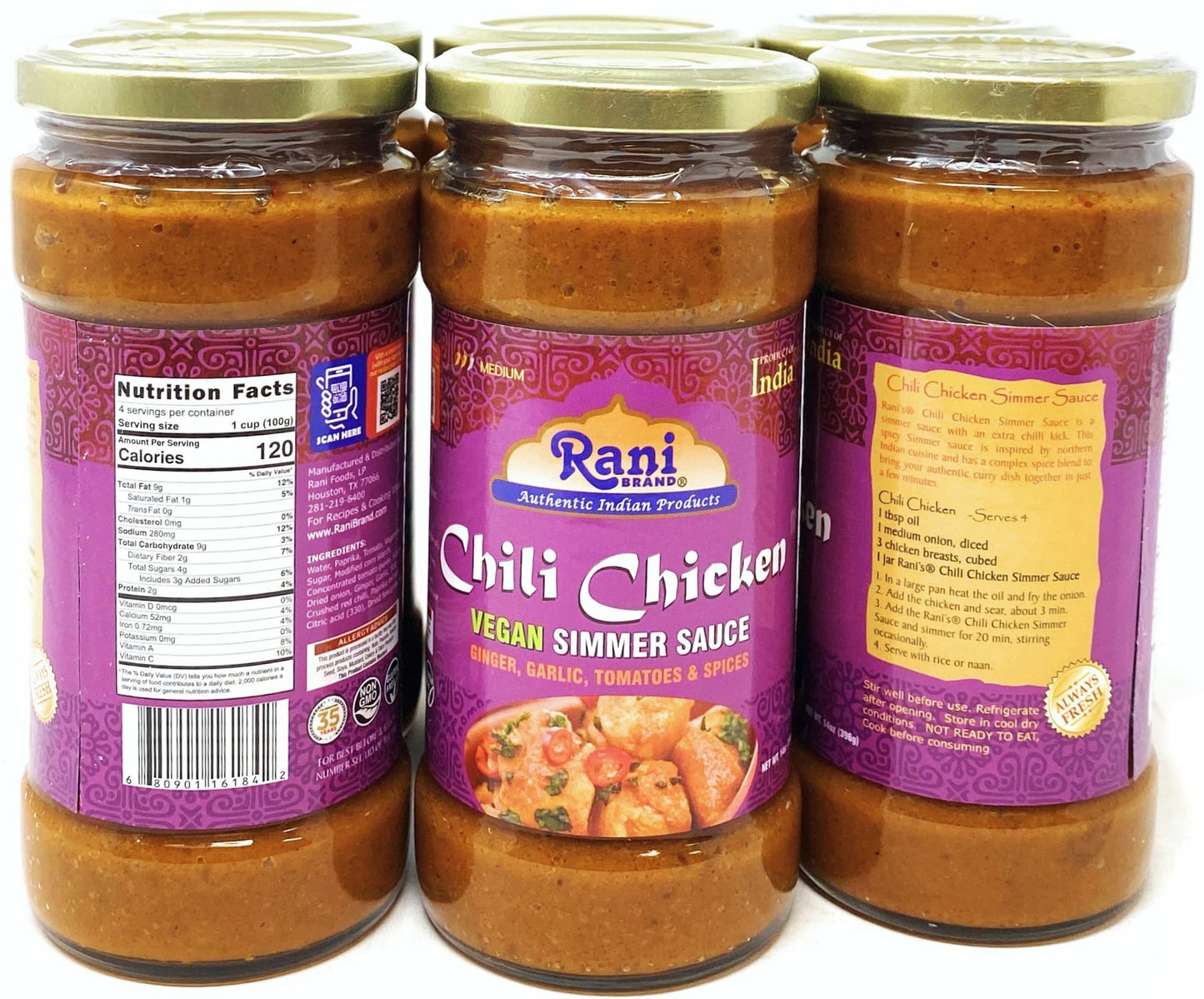 Rani Chili Chicken Vegan Simmer Sauce (Ginger, Garlic, Tomatoes & Spices) 14oz (400g) Glass Jar, Pack of 5+1FREE ~ Easy to Use | Vegan | No Colors |