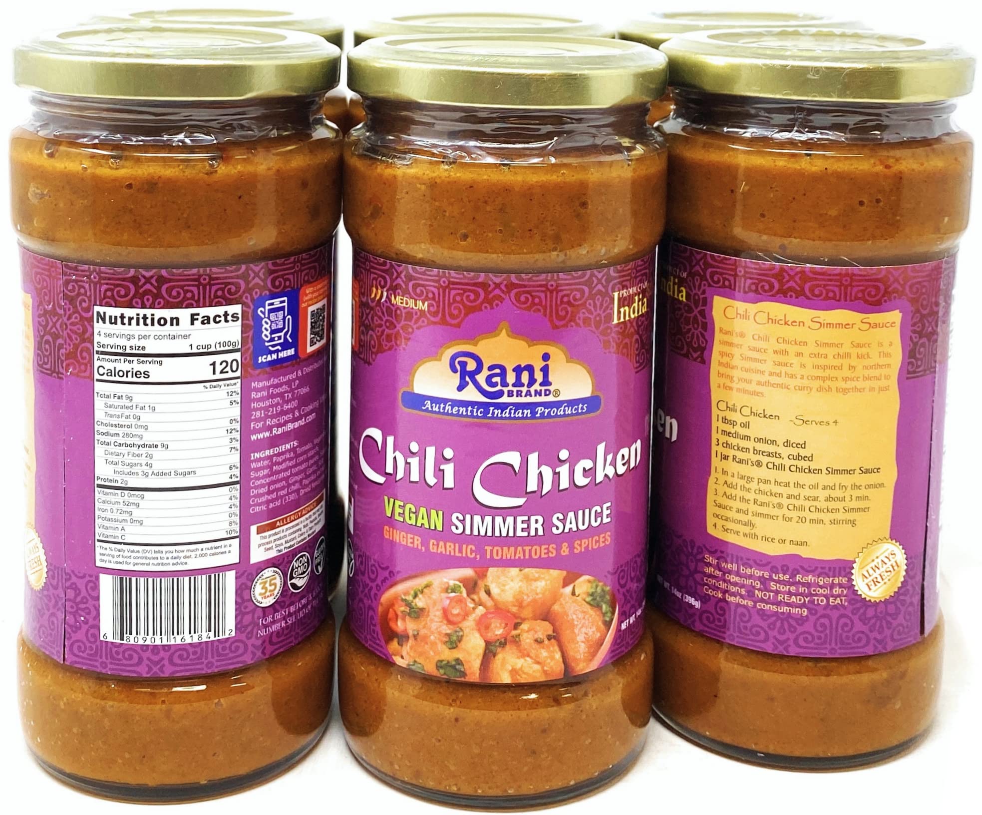Rani Chili Chicken Vegan Simmer Sauce (Ginger, Garlic, Tomatoes & Spices) 14oz (400g) Glass Jar, Pack of 5+1FREE ~ Easy to Use | Vegan | No Colors |