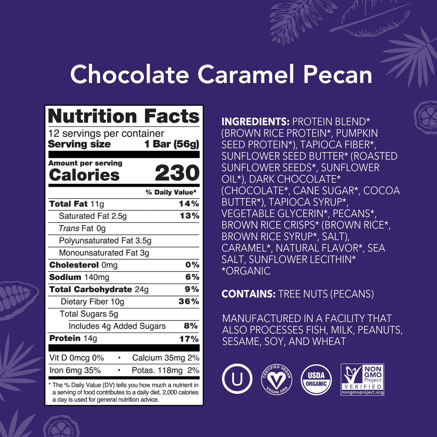 ALOHA Organic Plant Based Protein Bars | Chocolate Caramel Pecan | 12 Count, 1.98oz Bars | Vegan, Low Sugar, Gluten Free, Paleo Friendly, Low Carb