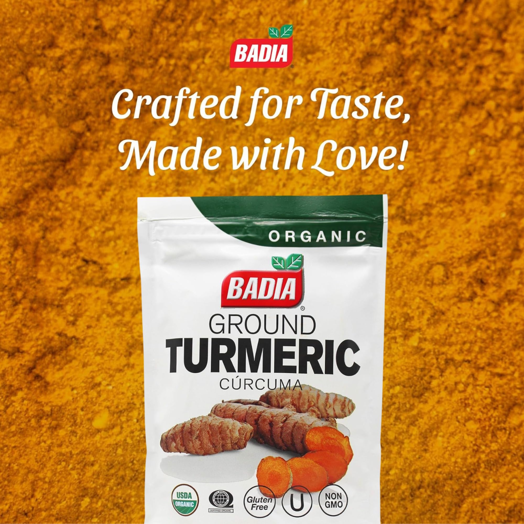 Badia Organic Turmeric Ground, 8 oz resealable bag - Premium Curcuma Seasoning for Cooking, Golden Flavor & Rich Aroma