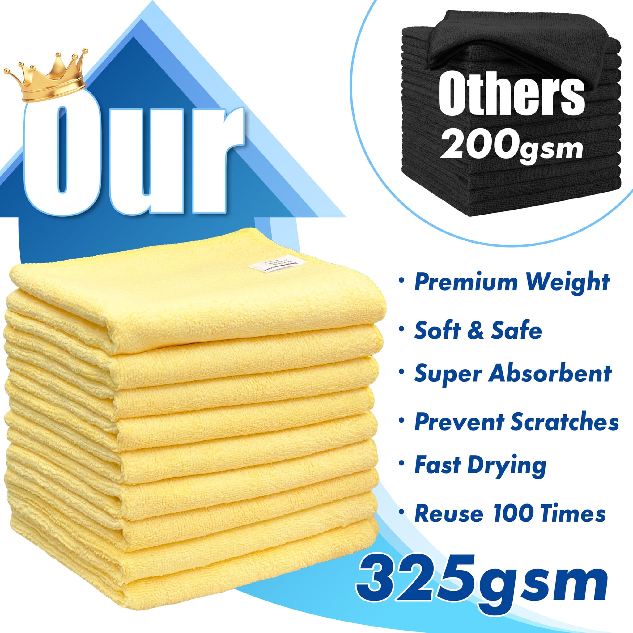 Simple Houseware 9-Pack Microfiber Cleaning Towels, Heavy-Duty & Reusable Cloths for Home, Kitchen, and Car, 16" x 24", 325 GSM