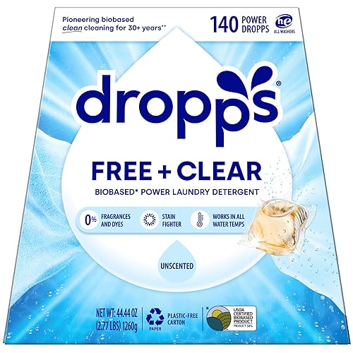 Dropps Free & Clear Laundry Detergent Pods (140 Count) - Unscented Laundry Pods | Fights Odors & Stains | Free of Dyes Parabens & Perfumes |