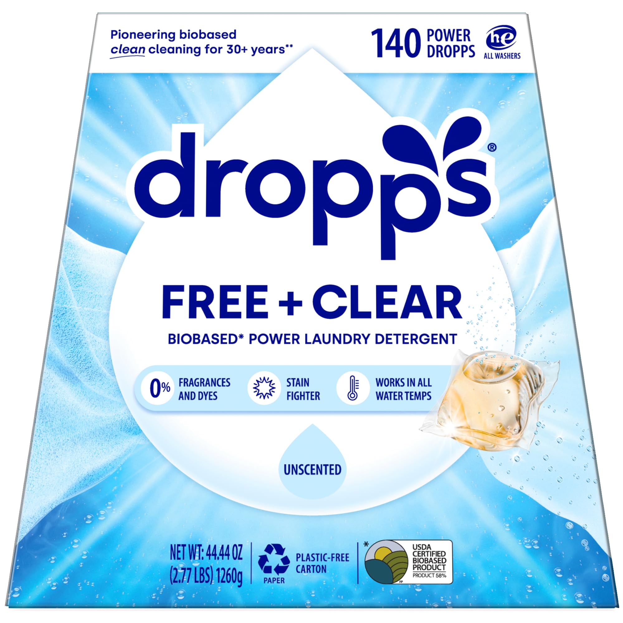 Dropps Free & Clear Laundry Detergent Pods (140 Count) - Unscented Laundry Pods | Fights Odors & Stains | Free of Dyes Parabens & Perfumes |