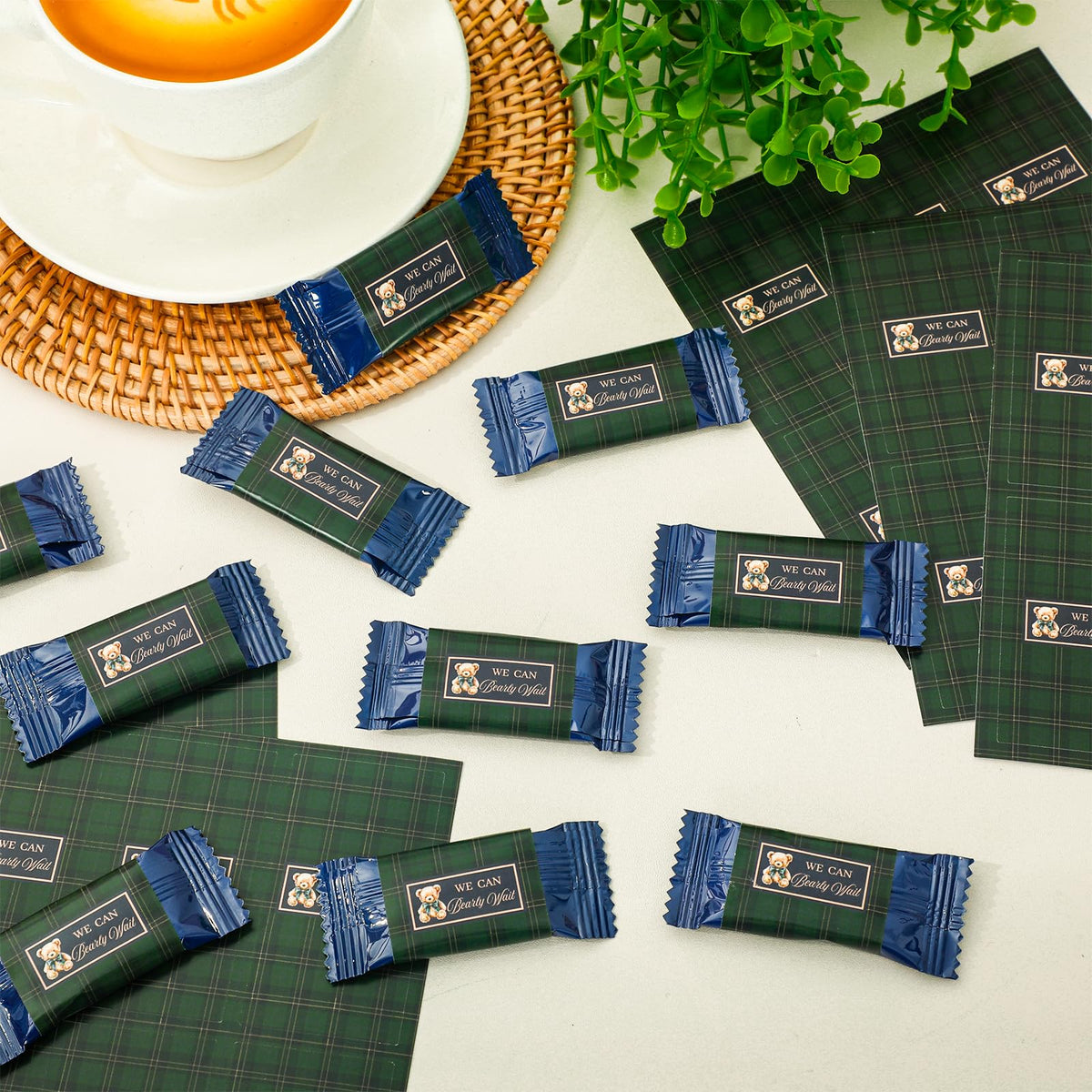 JarThenaAMCS 102Pcs Tartan Bear Candy Wrappers Baby Shower Chocolate Bar Wrappers We Can Bearly Wait Label Stickers for Gender Reveal Party Favors DIY
