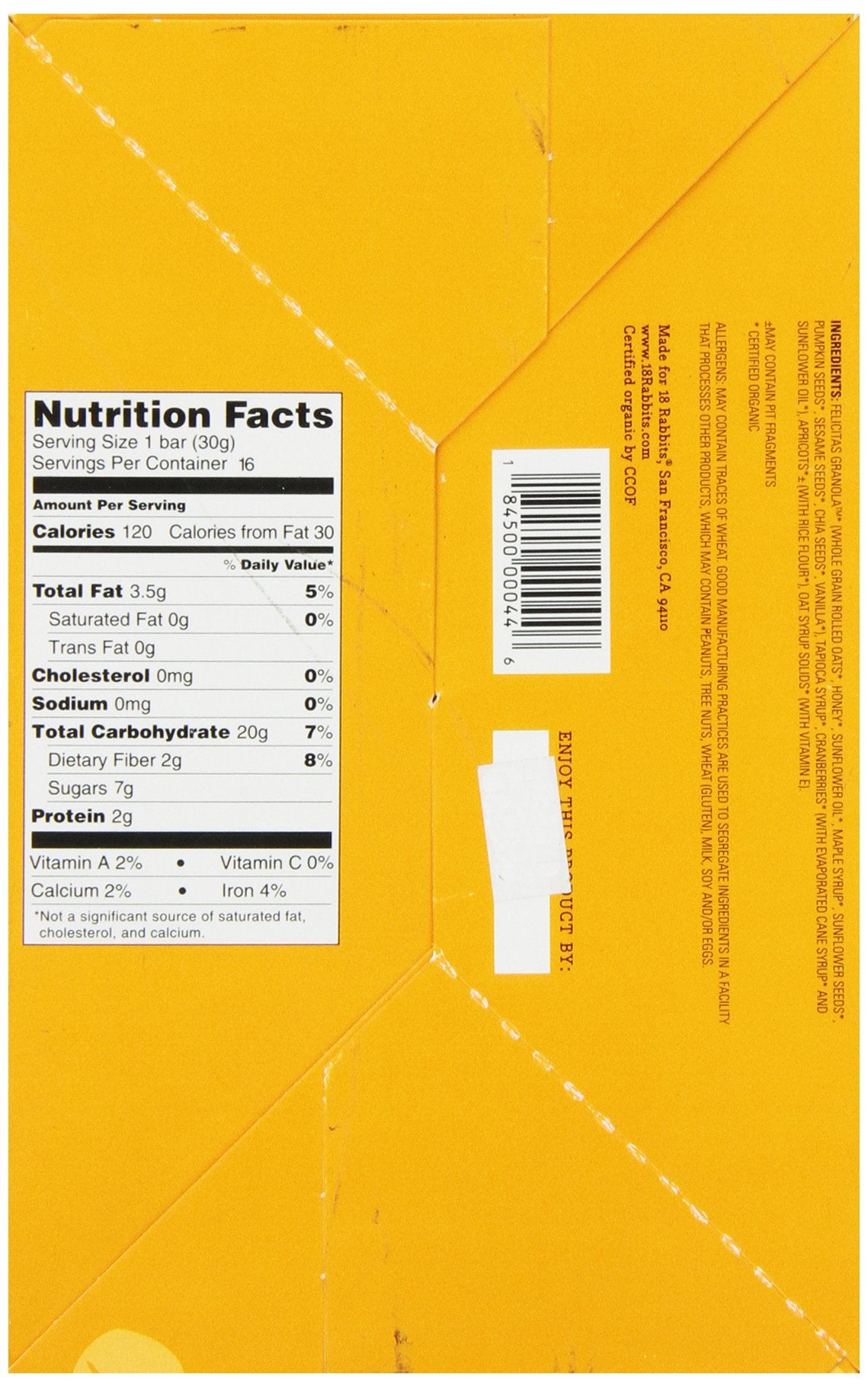 18 Rabbits Jr. Organic Gluten Free Granola Bar, Cranberry Apricot, 1.05 Ounce, 16-Count
