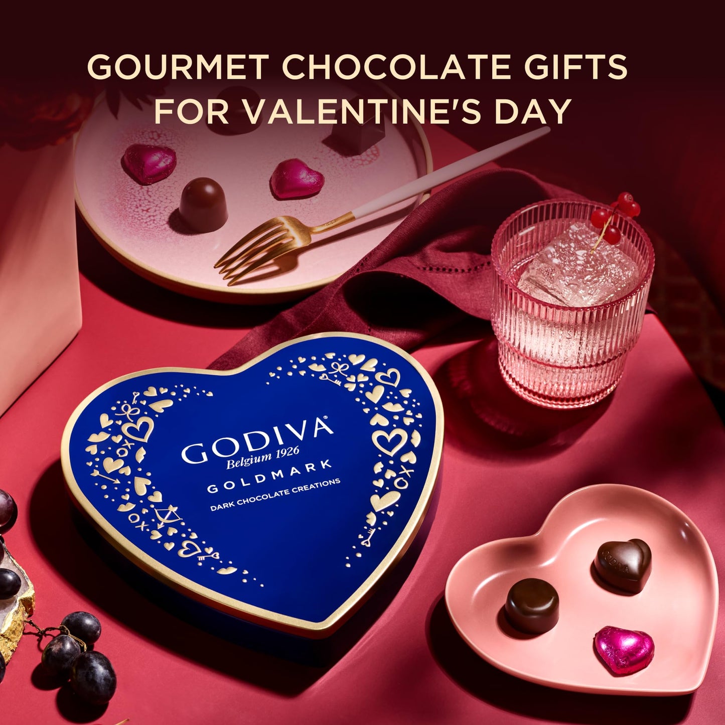 Godiva Goldmark Heart Chocolate Box, Dark Chocolates with Ganache, Elegant Gift Tin, 14 Pc