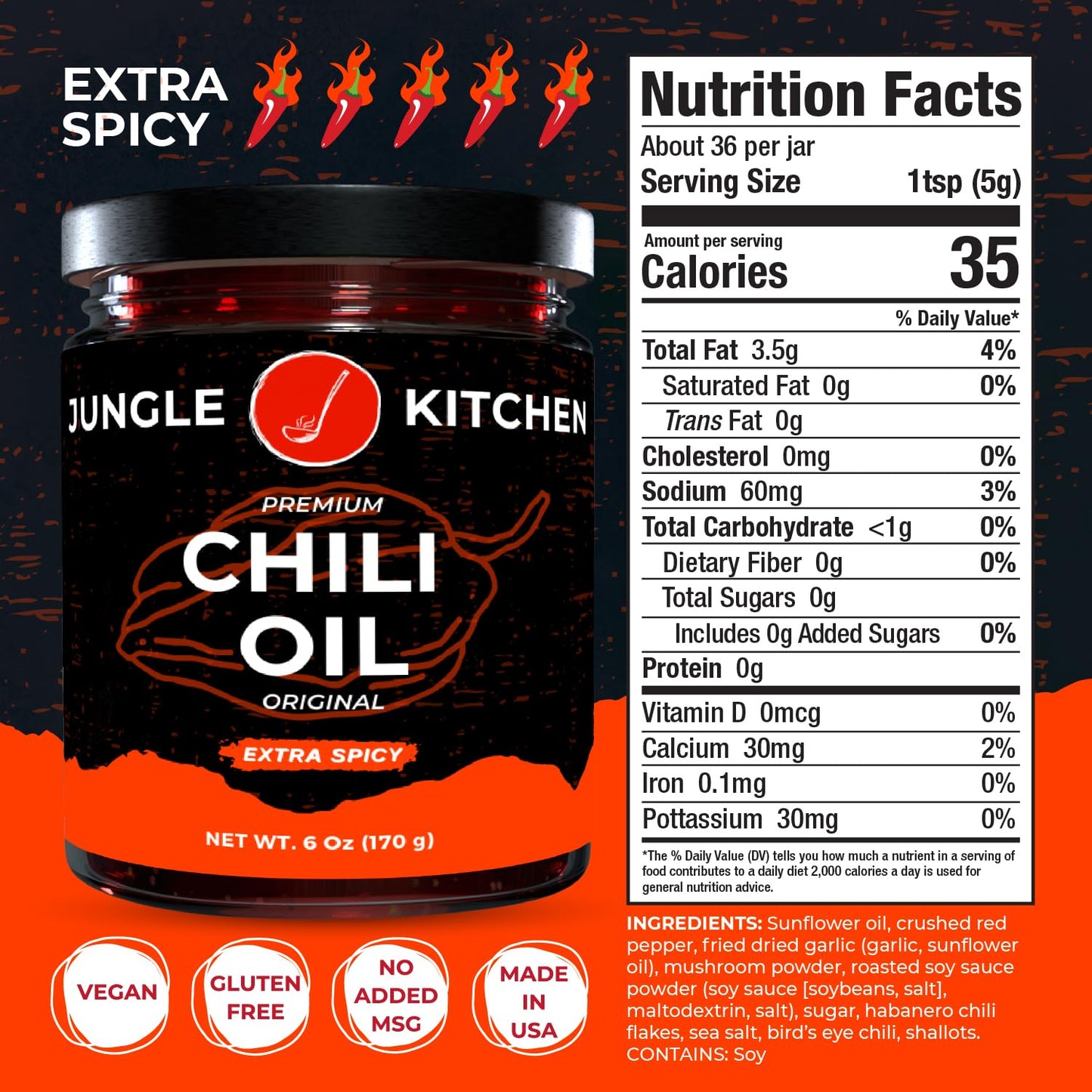 Jungle Kitchen Extra Spicy Crunchy Garlic Chili Oil Hot Chili Oil Vegan & Gluten-Free Great For Sauce & Toppings, 6oz