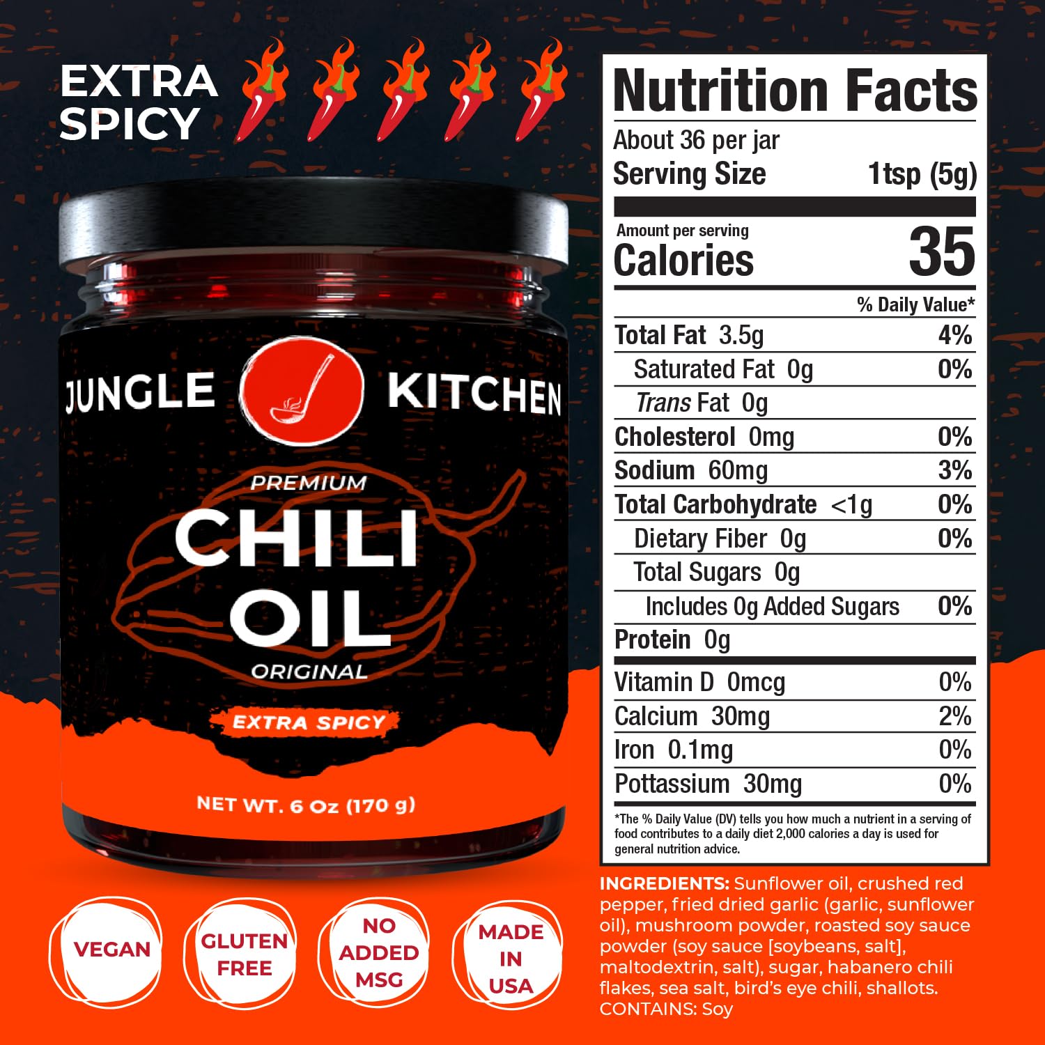 Jungle Kitchen Extra Spicy Crunchy Garlic Chili Oil Hot Chili Oil Vegan & Gluten-Free Great For Sauce & Toppings, 6oz