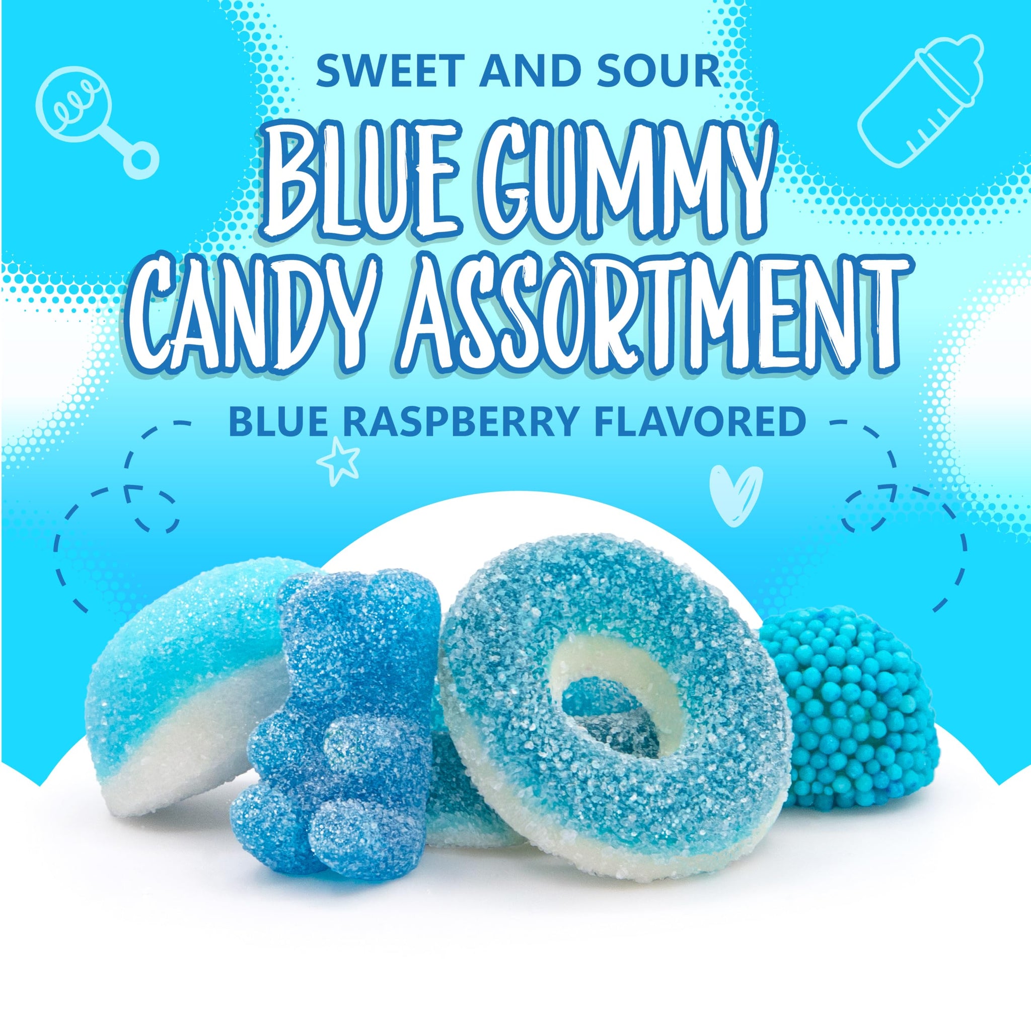 Blue Candy Mix | 1-Pound Bag | Blue Raspberry Candy | Sweet & Sour Gummies for Gender Reveal | Baby Shower Party Favors for Boy | Gummi Bears