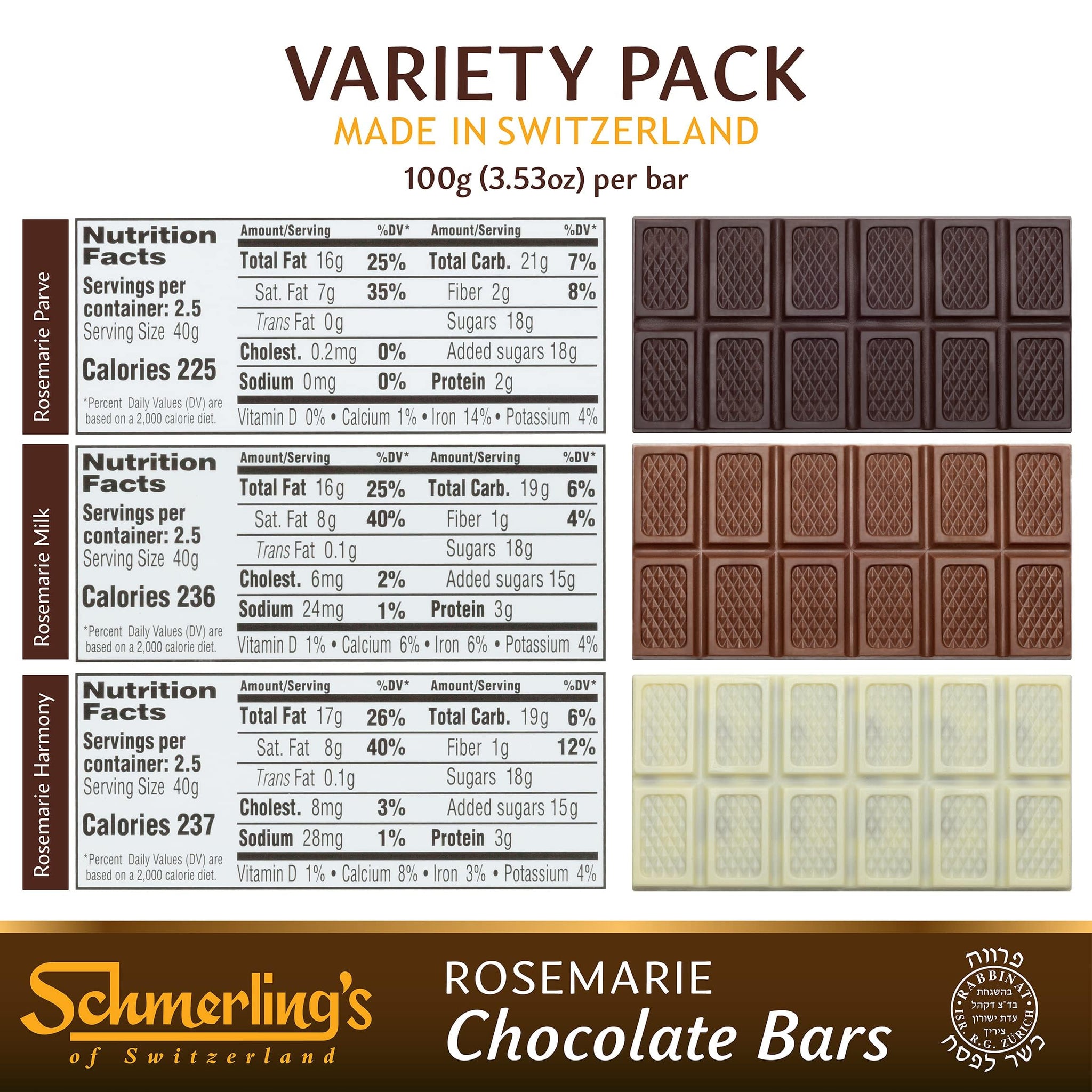 Schmerling's Swiss Chocolate Gift Box - Premium Chocolates Variety Pack, Milk, Dark Bittersweet, Parve, Kosher For Passover, Gluten Free, Non GMO, 3.5