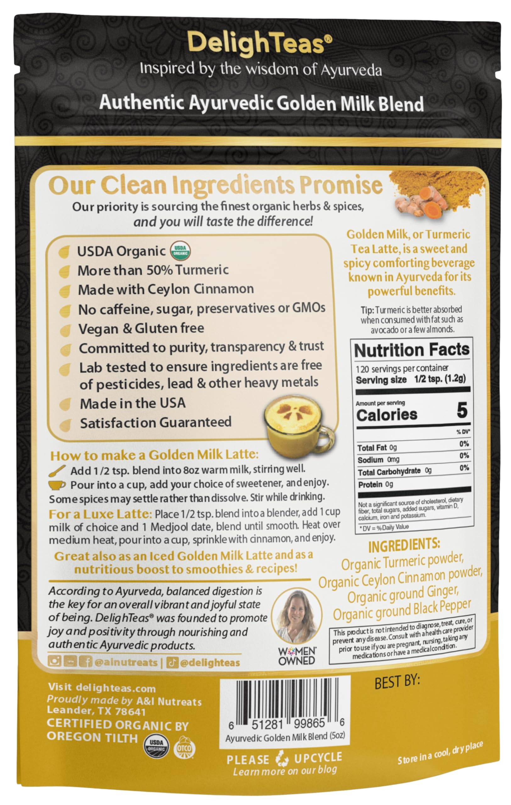 DelighTeas Organic Golden Milk Powder with Turmeric, Ginger, Ceylon Cinnamon | Ayurvedic Spices for Golden Turmeric Latte | Unsweetened, Vegan
