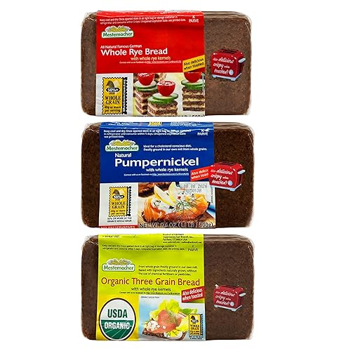 Mestemacher Natural High Fiber Bread 3 Flavor Variety Bundle: (1) Mestemacher Organic Three Grain Bread, (1) Mestemacher Pumpernickel Bread