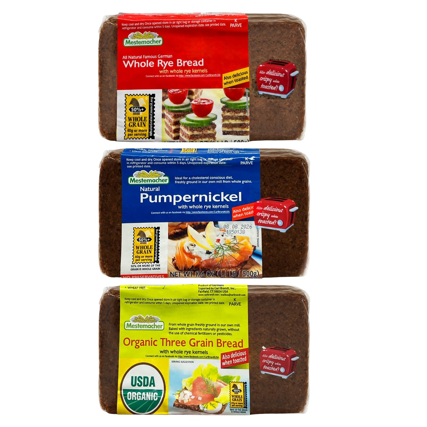 Mestemacher Natural High Fiber Bread 3 Flavor Variety Bundle: (1) Mestemacher Organic Three Grain Bread, (1) Mestemacher Pumpernickel Bread