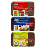 Mestemacher Natural High Fiber Bread 3 Flavor Variety Bundle: (1) Mestemacher Organic Three Grain Bread, (1) Mestemacher Pumpernickel Bread