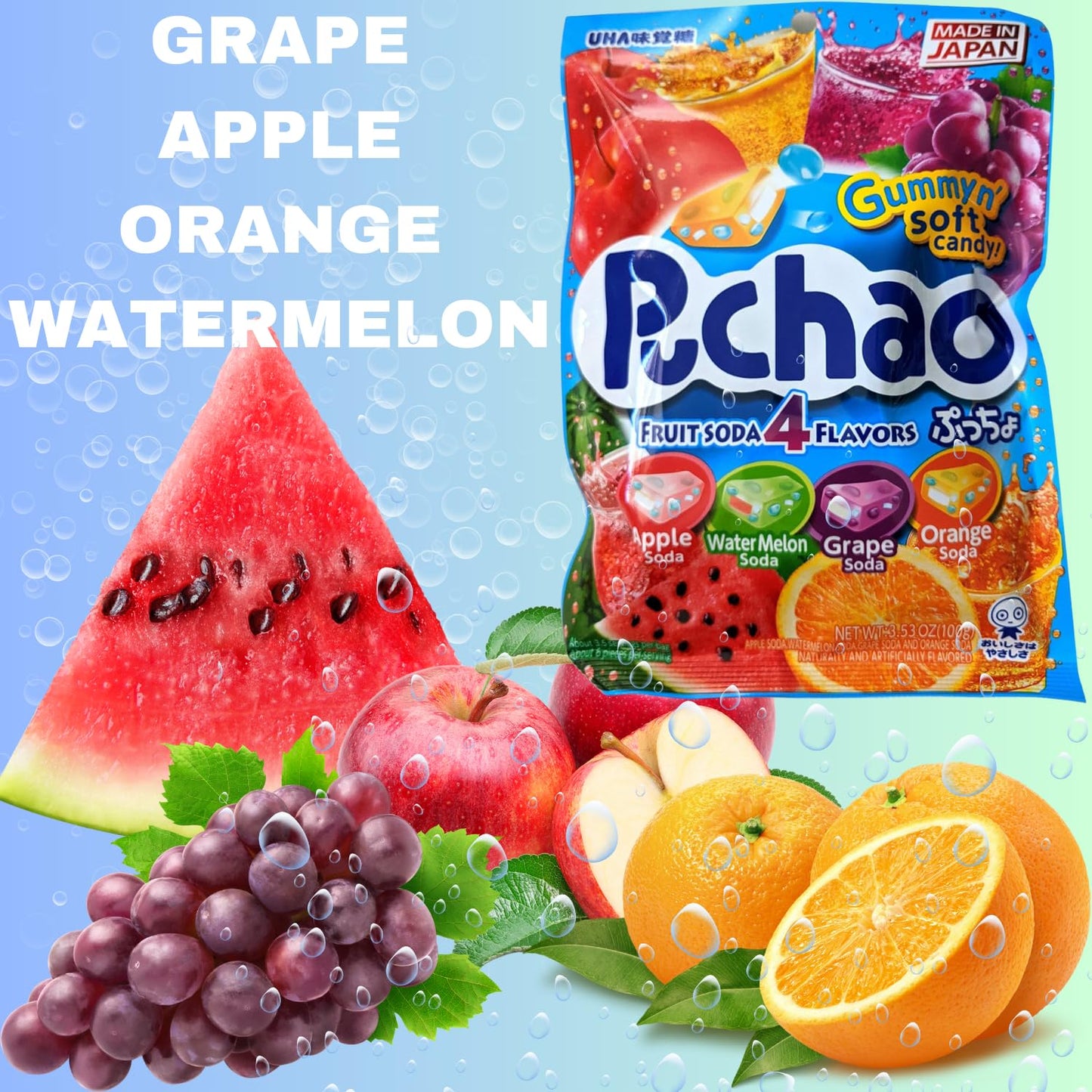 Puchao Gummy n' Soft Candy (3 pack) Fruit Soda(Apple, Watermelon, Grape, Orange), Bubbly Soda (Cola, Ramune Soda), Mellow Taste (Yogurt Drink, Peach)